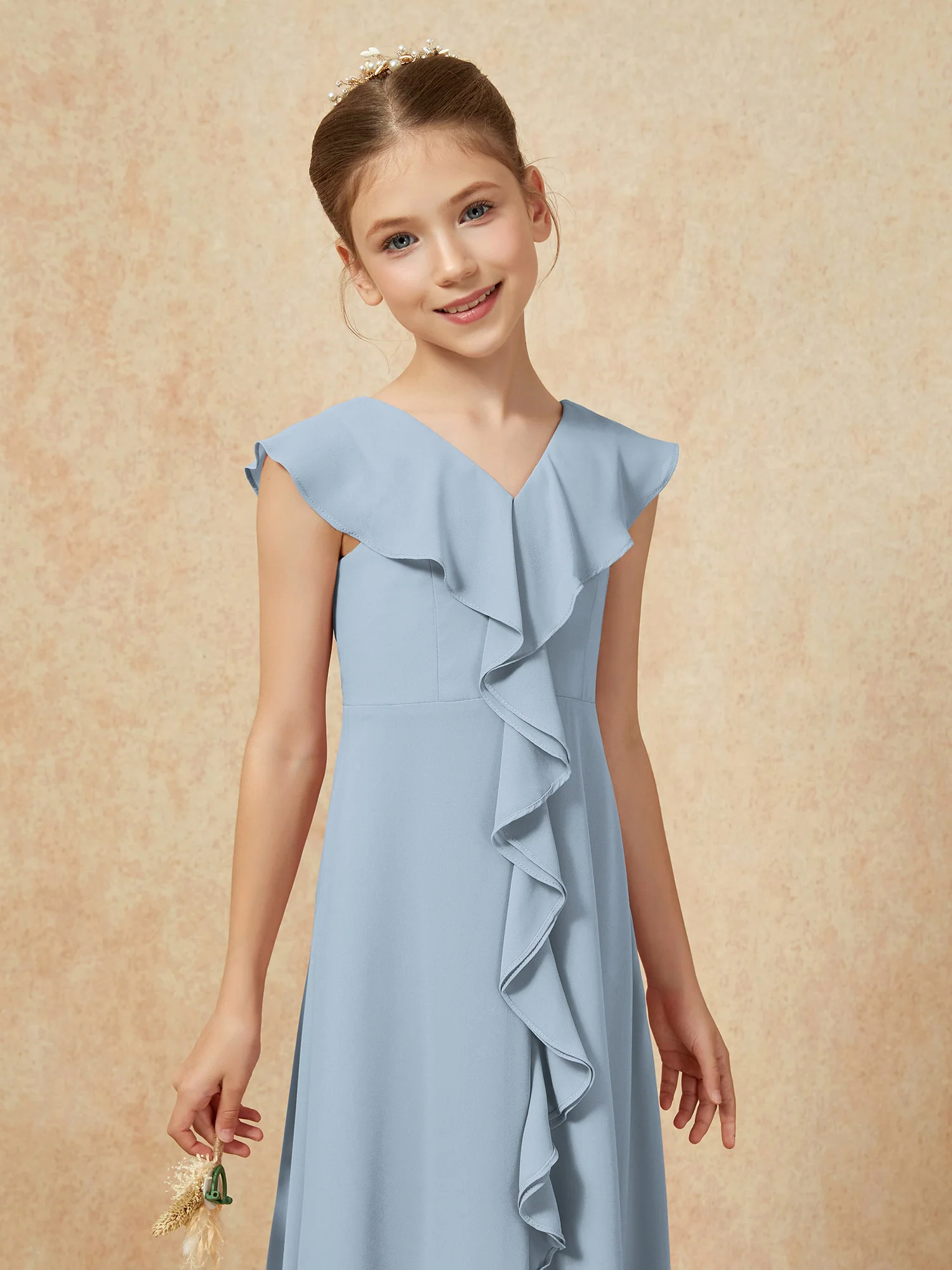 V-neck Ruffle Chiffon Junior Bridesmaid Dresses With Slit Dusty Blue - Image 6