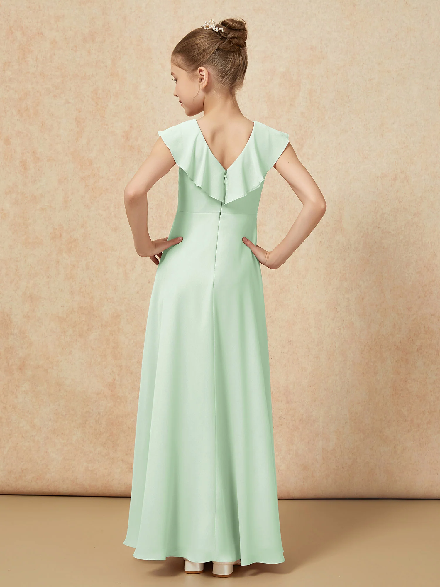 V-neck Ruffle Chiffon Junior Bridesmaid Dresses With Slit Dusty Sage - Image 2