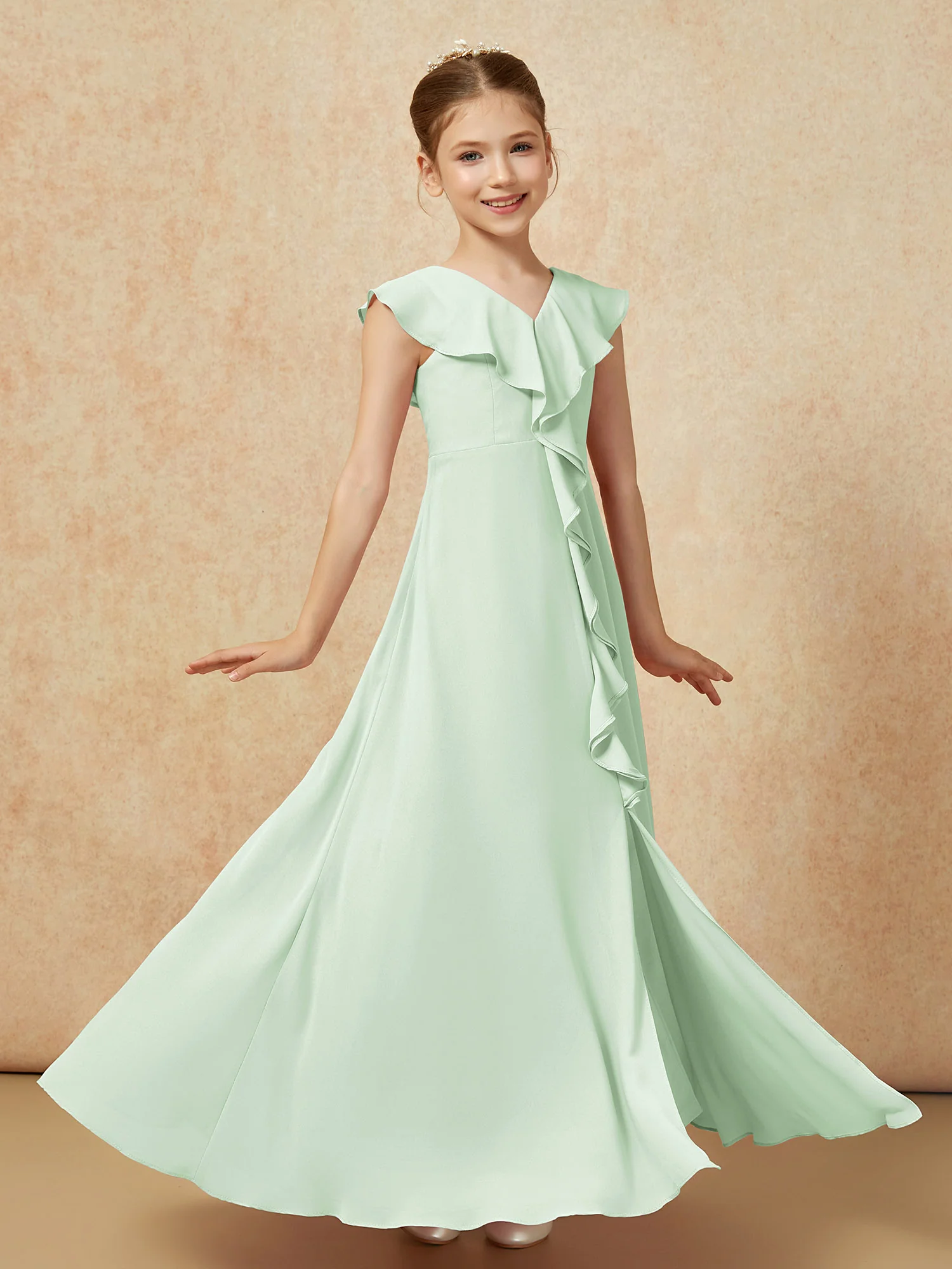 V-neck Ruffle Chiffon Junior Bridesmaid Dresses With Slit Dusty Sage - Image 3