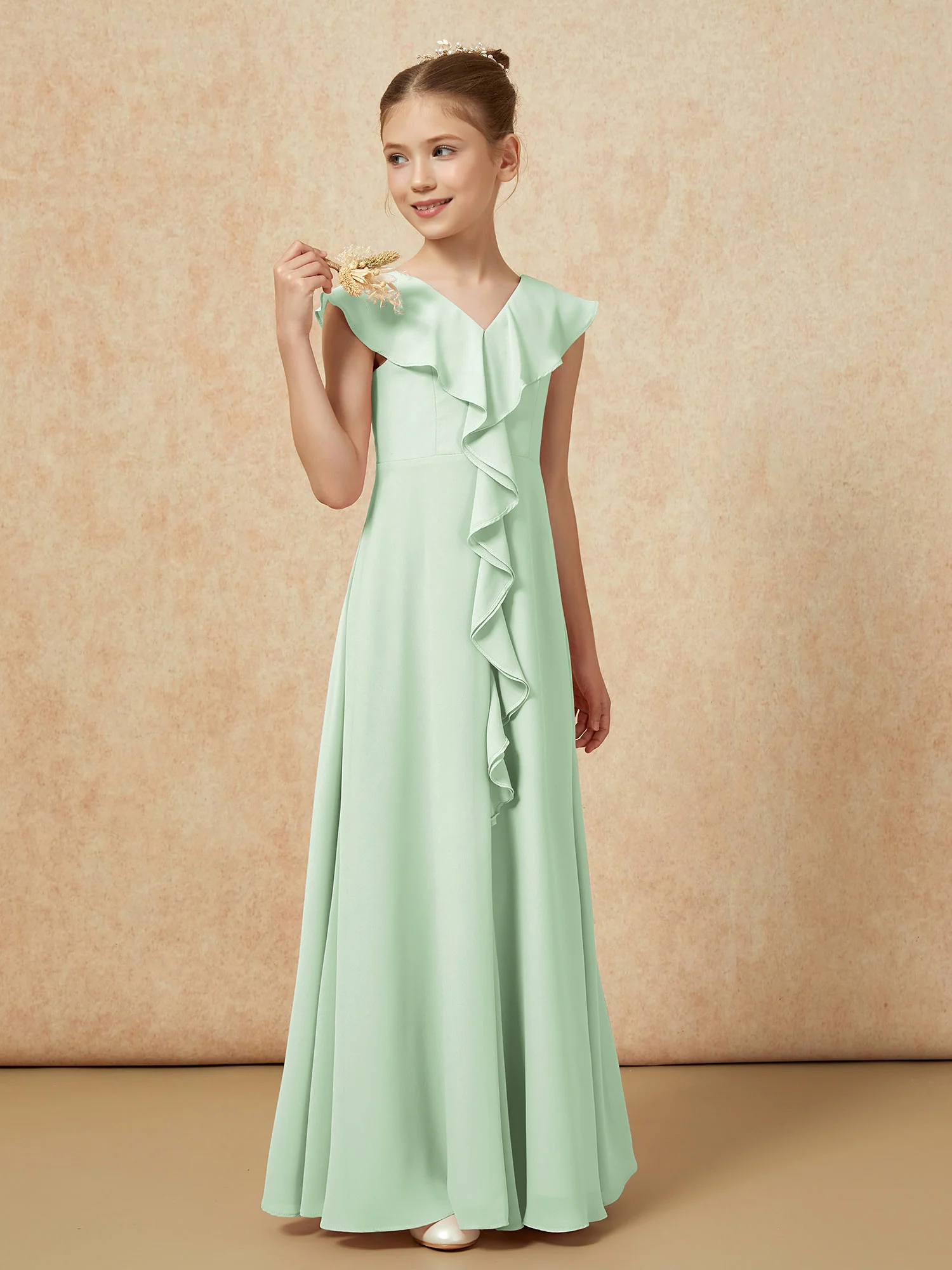 V-neck Ruffle Chiffon Junior Bridesmaid Dresses With Slit Dusty Sage - Image 4
