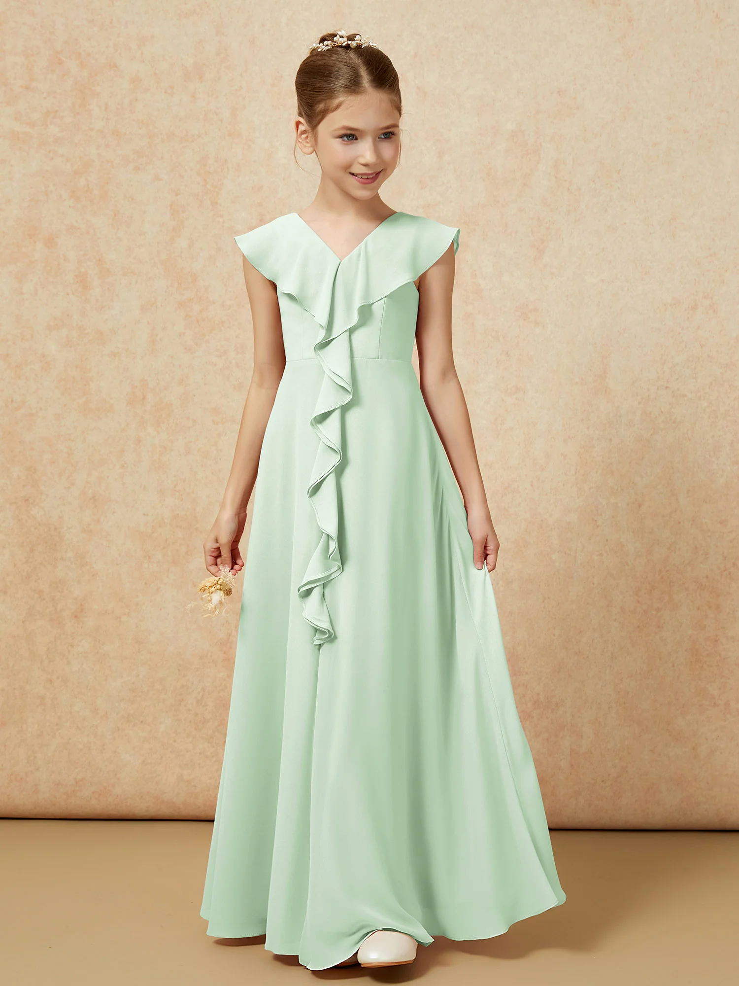 V-neck Ruffle Chiffon Junior Bridesmaid Dresses With Slit Dusty Sage - Image 5