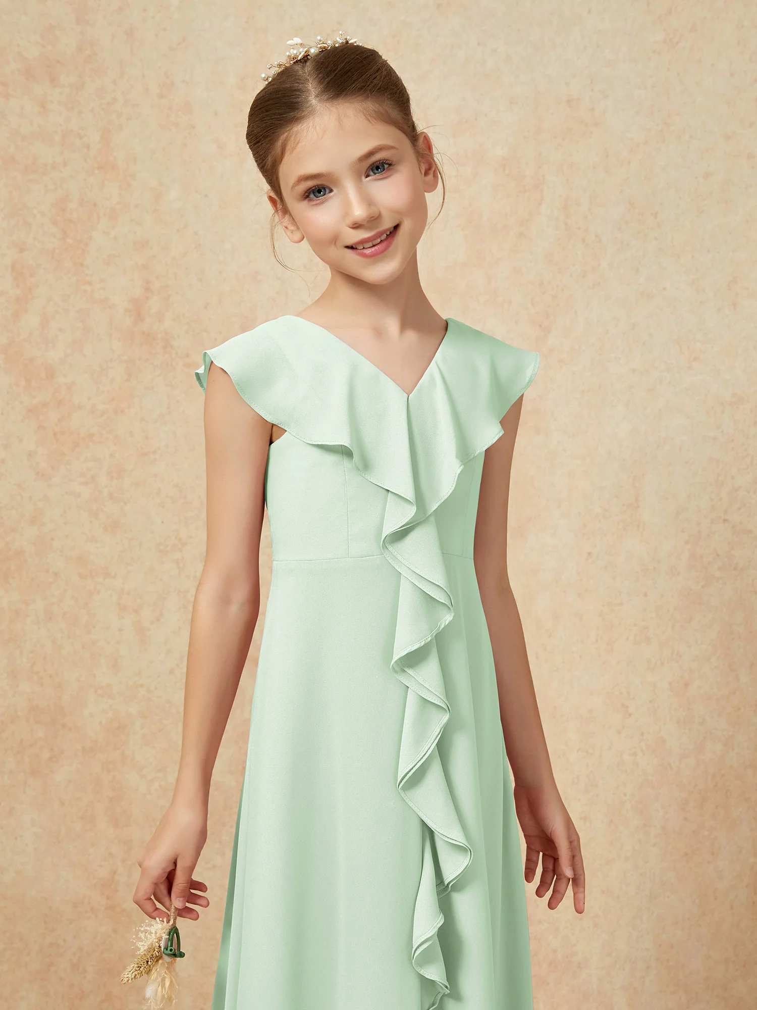 V-neck Ruffle Chiffon Junior Bridesmaid Dresses With Slit Dusty Sage - Image 6