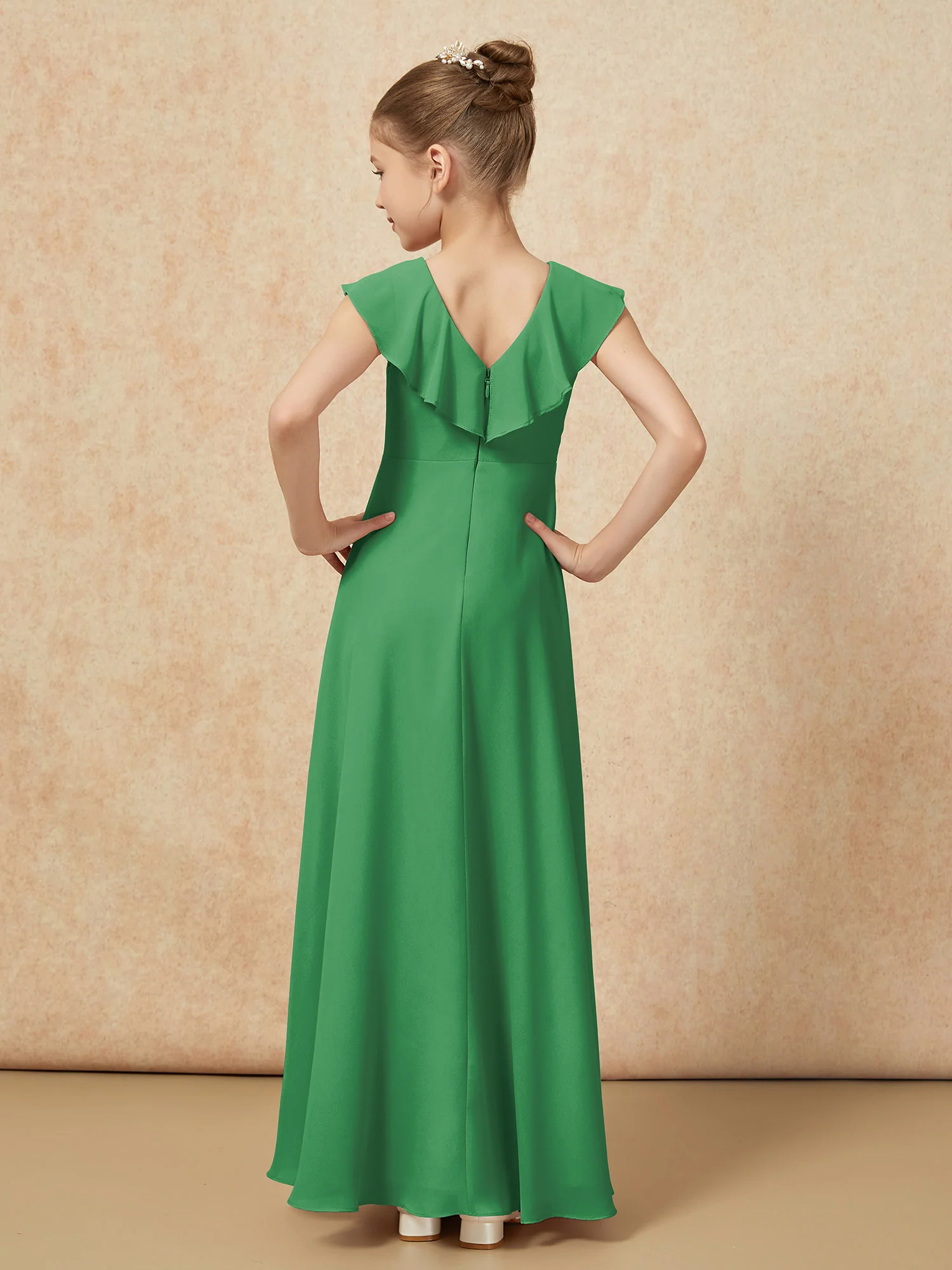 V-neck Ruffle Chiffon Junior Bridesmaid Dresses With Slit Emerald - Image 2