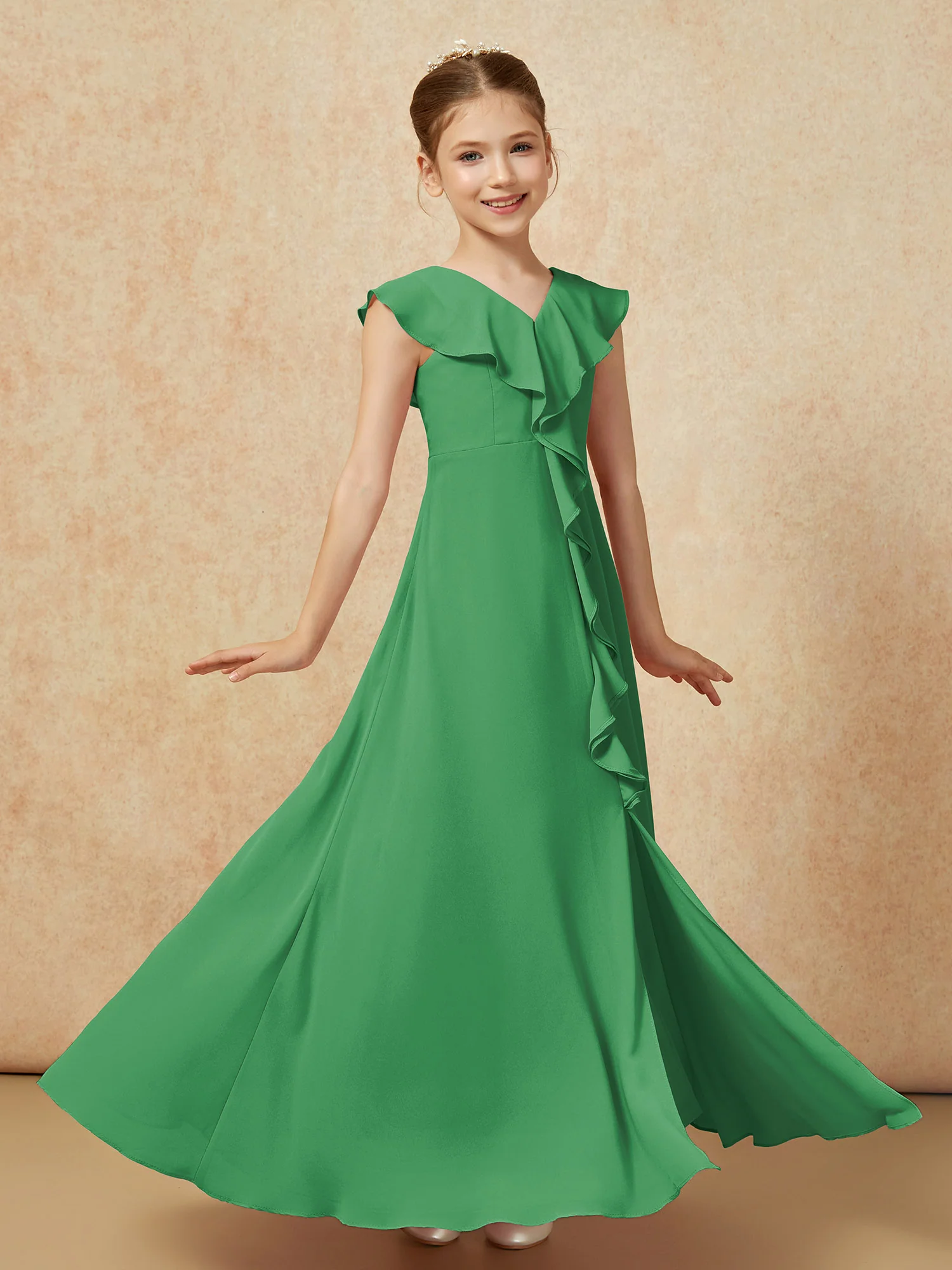 V-neck Ruffle Chiffon Junior Bridesmaid Dresses With Slit Emerald - Image 3
