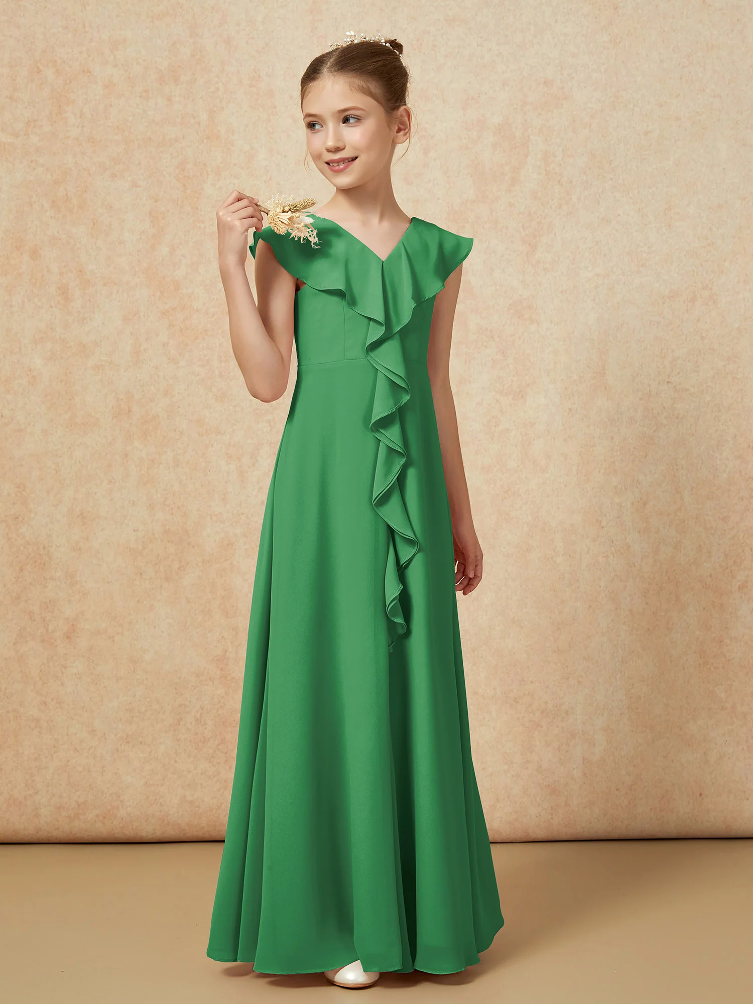 V-neck Ruffle Chiffon Junior Bridesmaid Dresses With Slit Emerald - Image 4