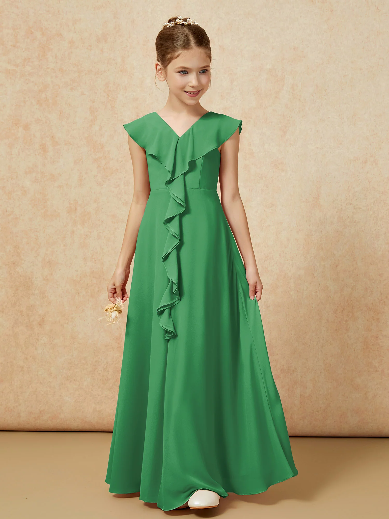 V-neck Ruffle Chiffon Junior Bridesmaid Dresses With Slit Emerald - Image 5