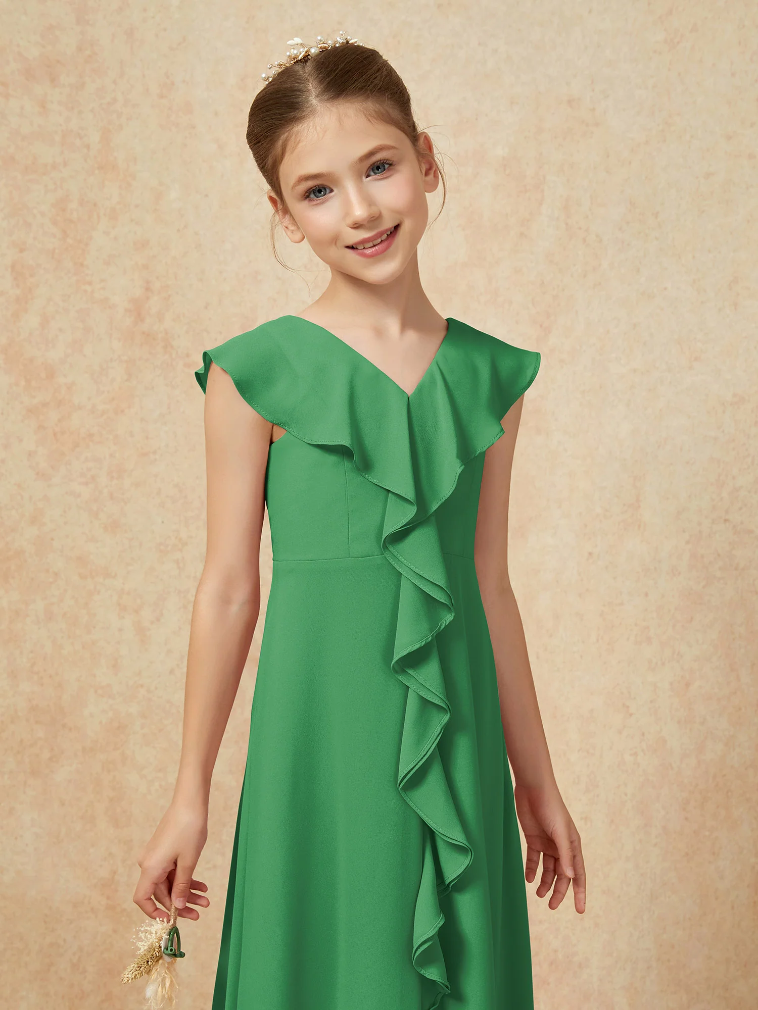 V-neck Ruffle Chiffon Junior Bridesmaid Dresses With Slit Emerald - Image 6