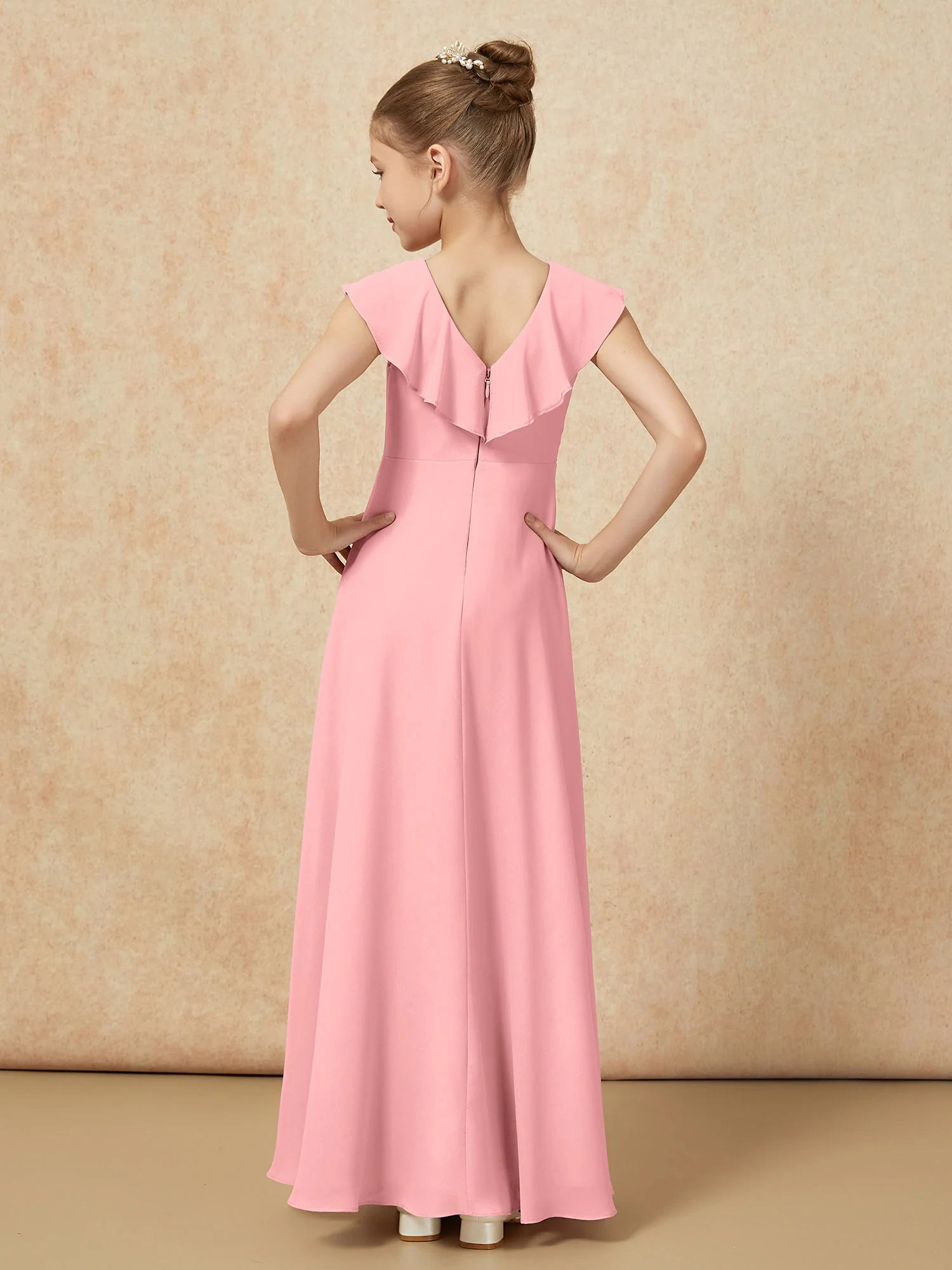 V-neck Ruffle Chiffon Junior Bridesmaid Dresses With Slit Flamingo - Image 2