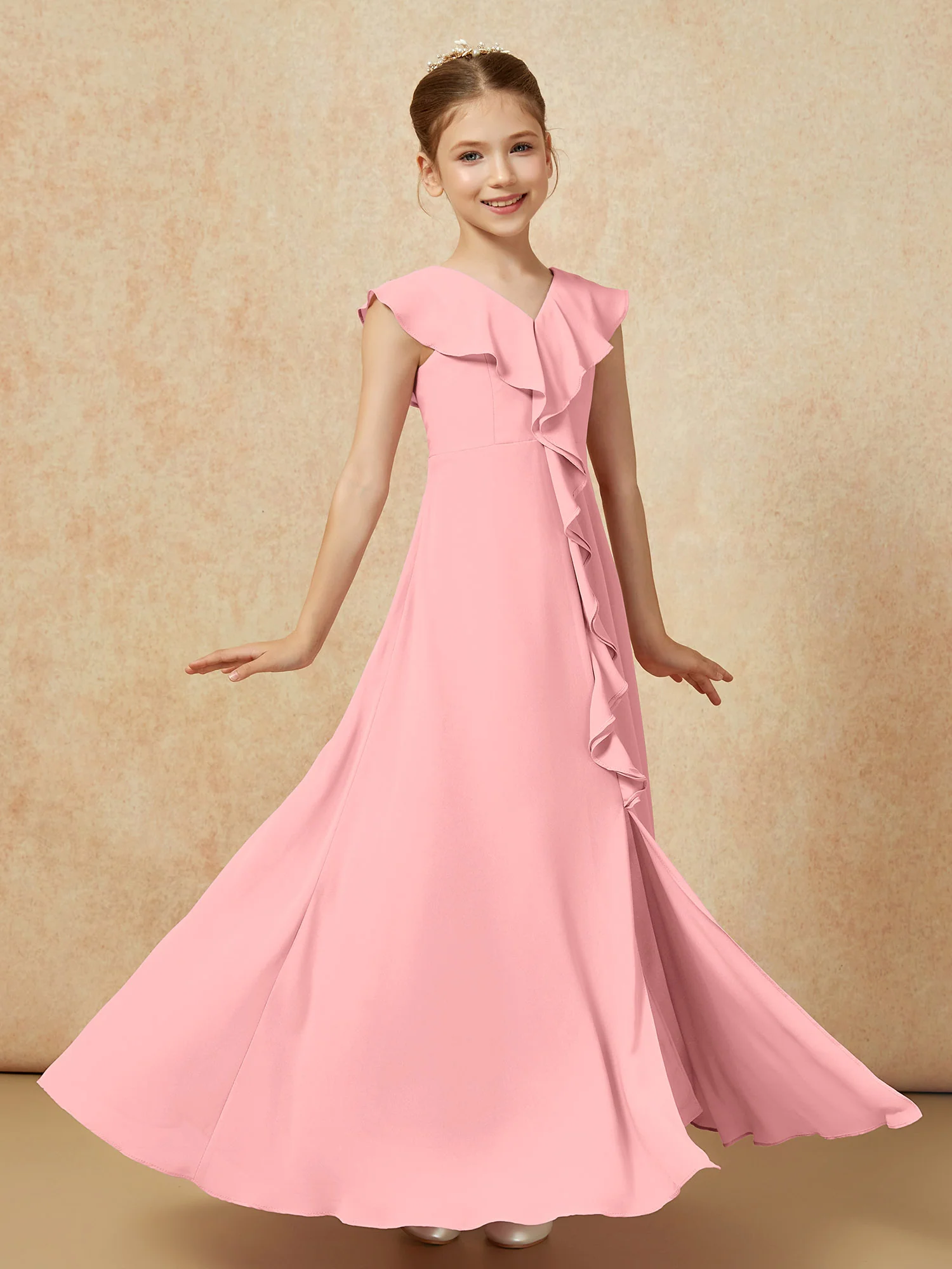 V-neck Ruffle Chiffon Junior Bridesmaid Dresses With Slit Flamingo - Image 3