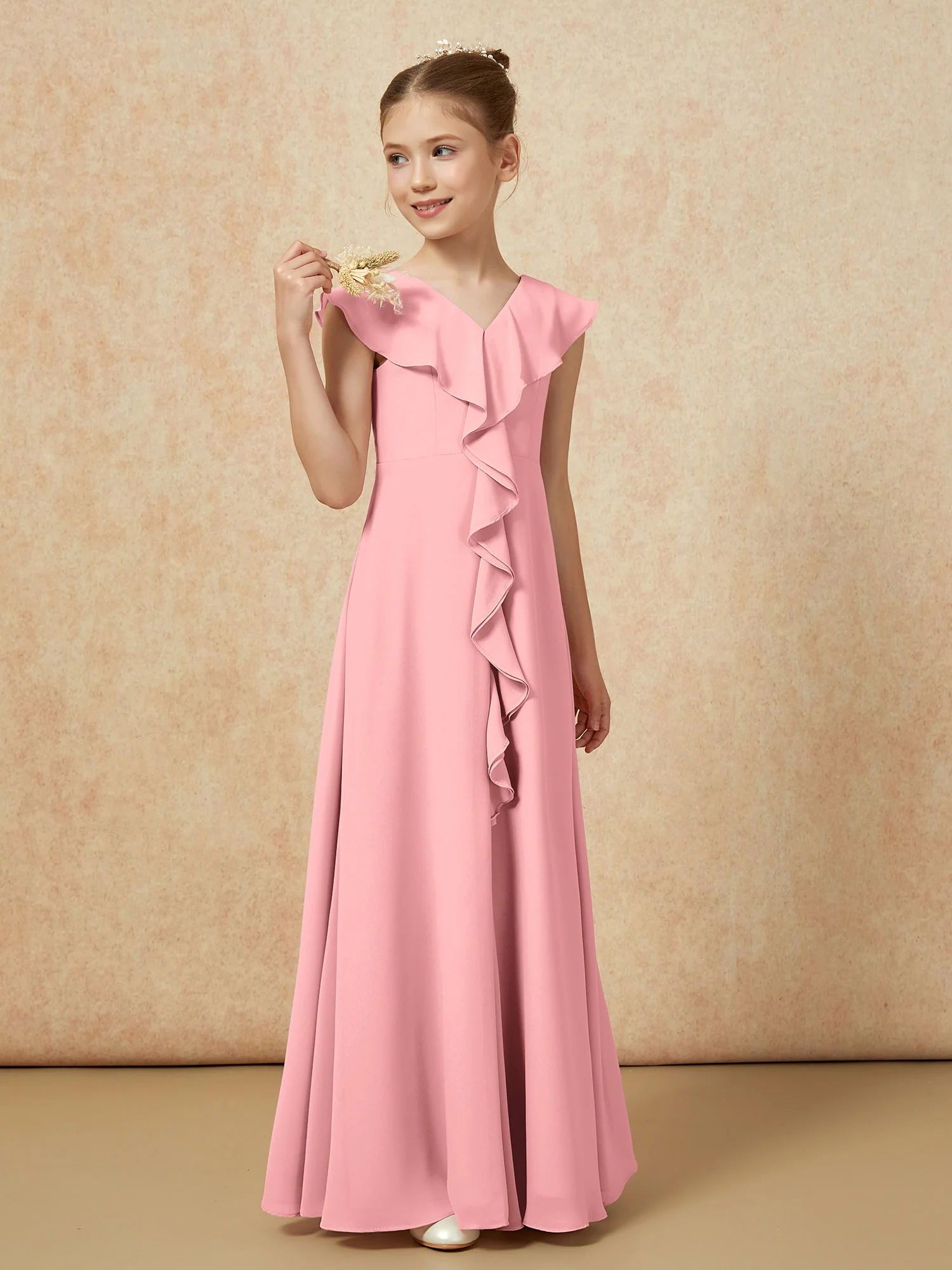 V-neck Ruffle Chiffon Junior Bridesmaid Dresses With Slit Flamingo - Image 4