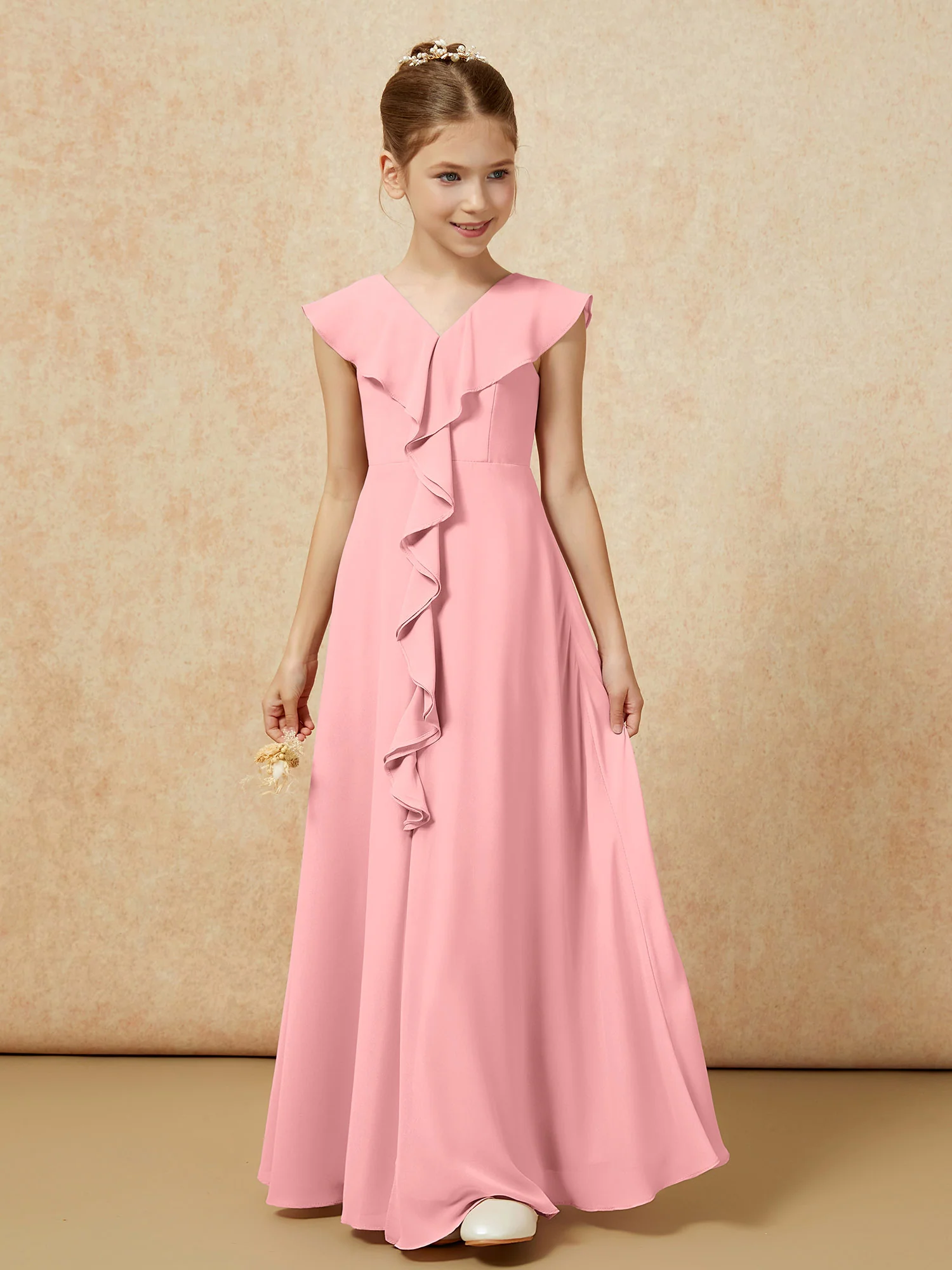 V-neck Ruffle Chiffon Junior Bridesmaid Dresses With Slit Flamingo - Image 5