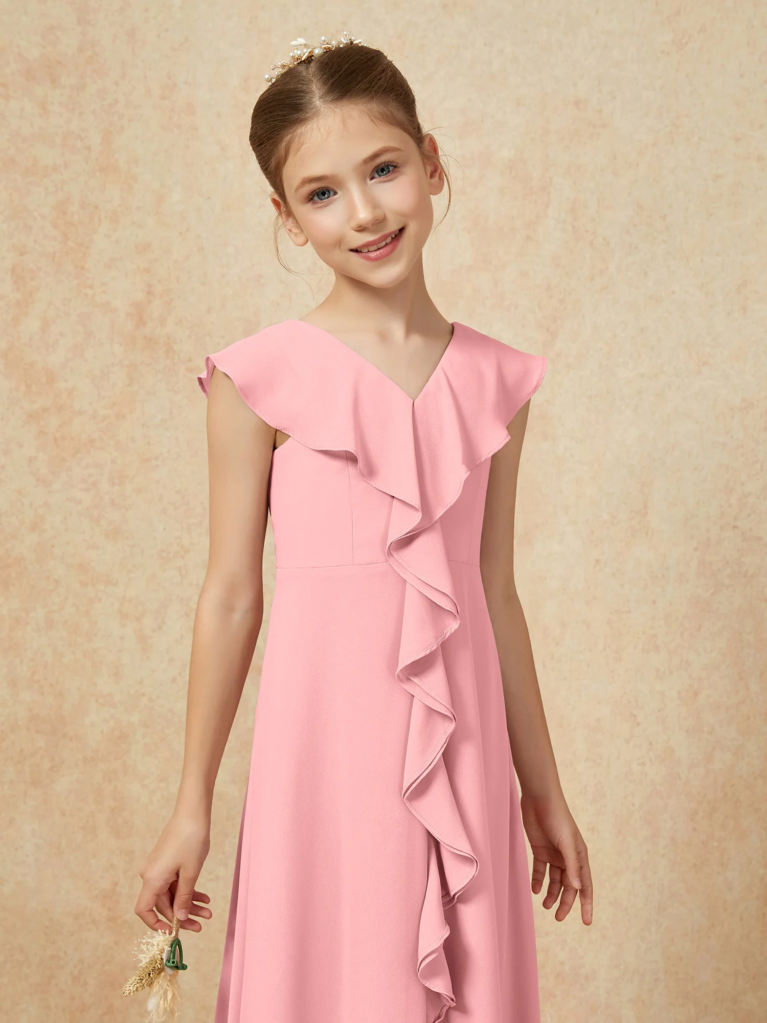 V-neck Ruffle Chiffon Junior Bridesmaid Dresses With Slit Flamingo - Image 6