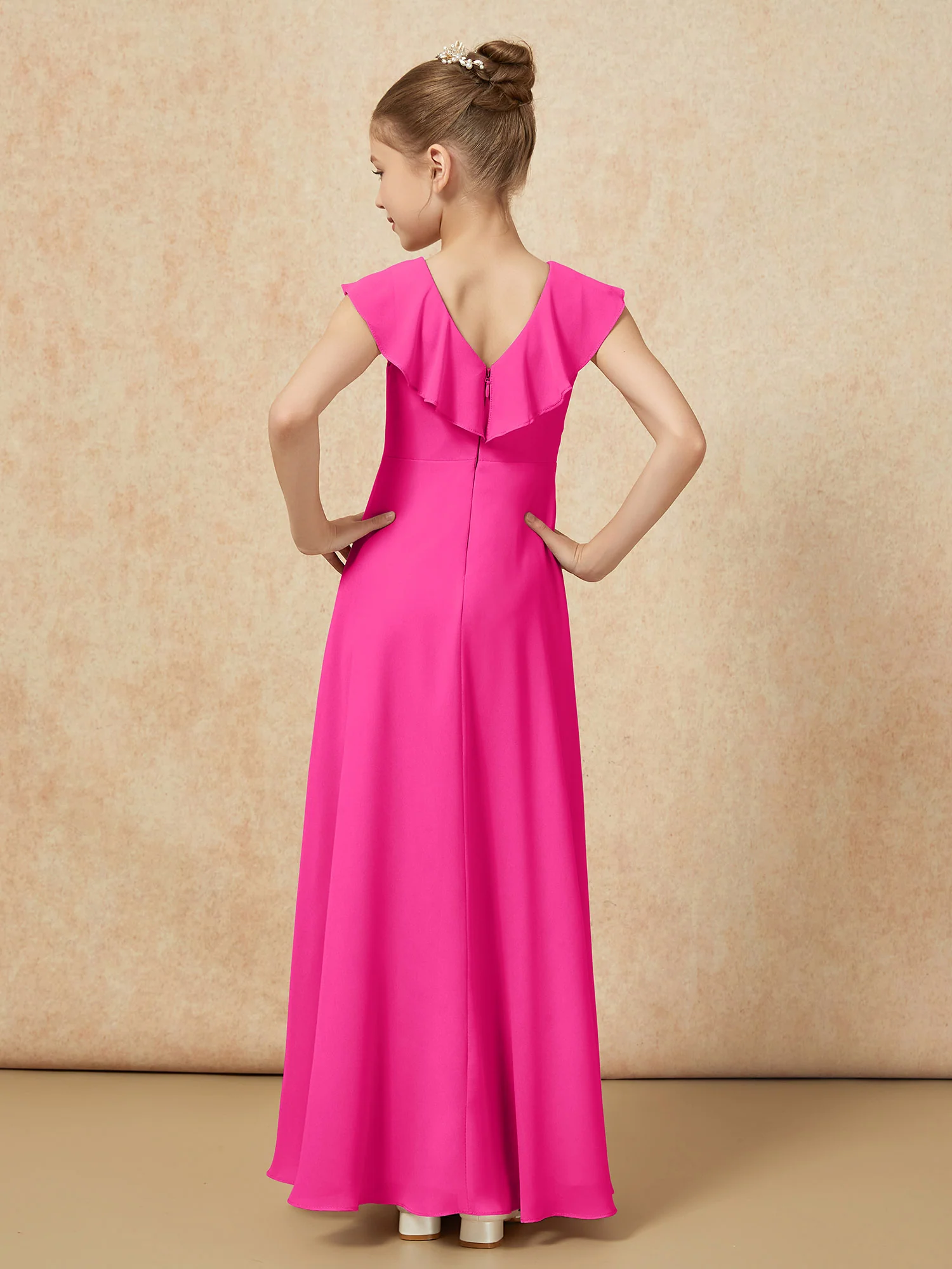 V-neck Ruffle Chiffon Junior Bridesmaid Dresses With Slit Fuchsia - Image 2