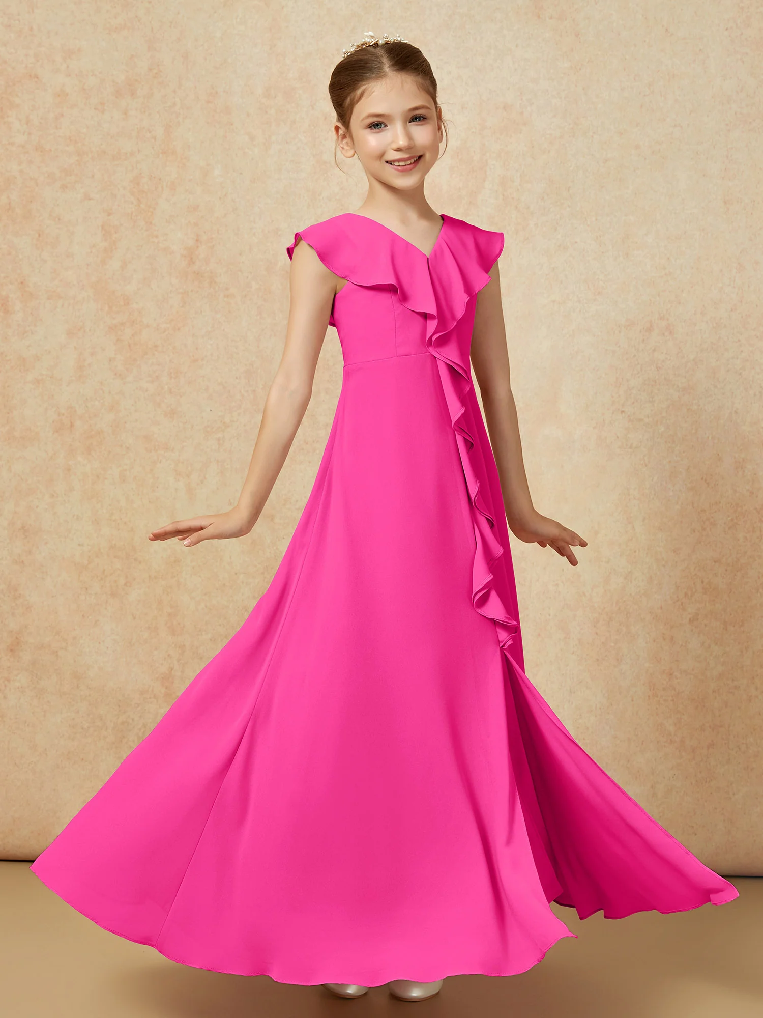 V-neck Ruffle Chiffon Junior Bridesmaid Dresses With Slit Fuchsia - Image 3
