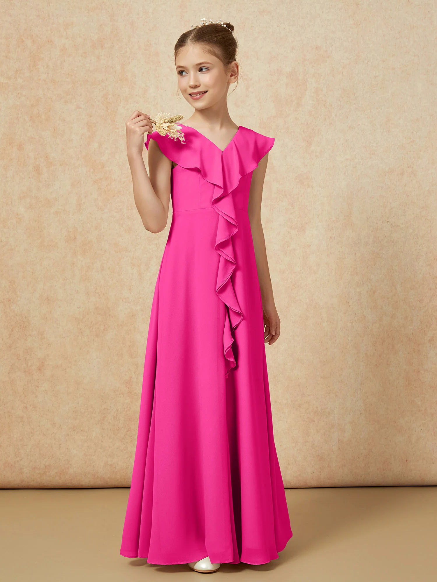 V-neck Ruffle Chiffon Junior Bridesmaid Dresses With Slit Fuchsia - Image 4