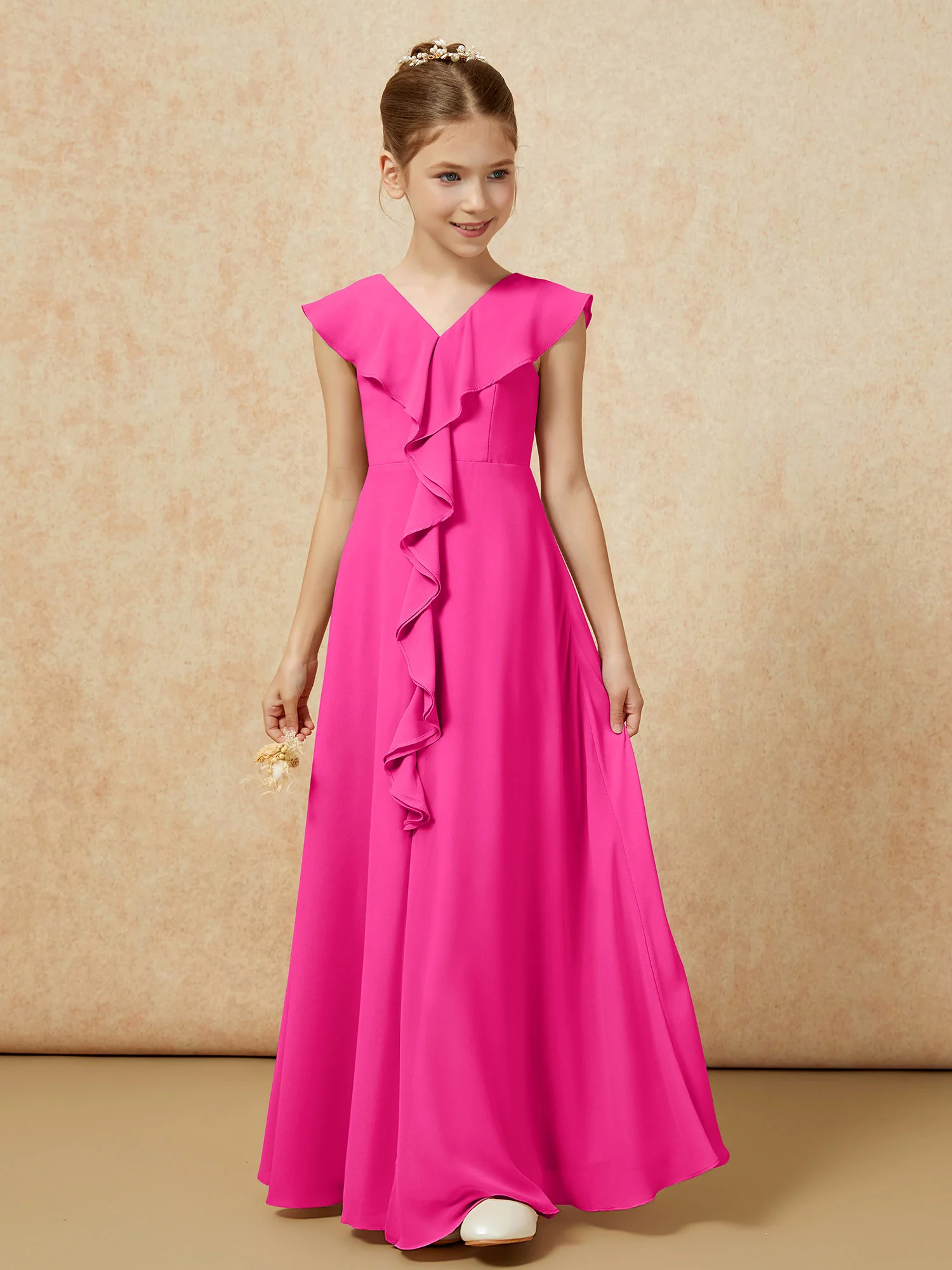 V-neck Ruffle Chiffon Junior Bridesmaid Dresses With Slit Fuchsia - Image 5