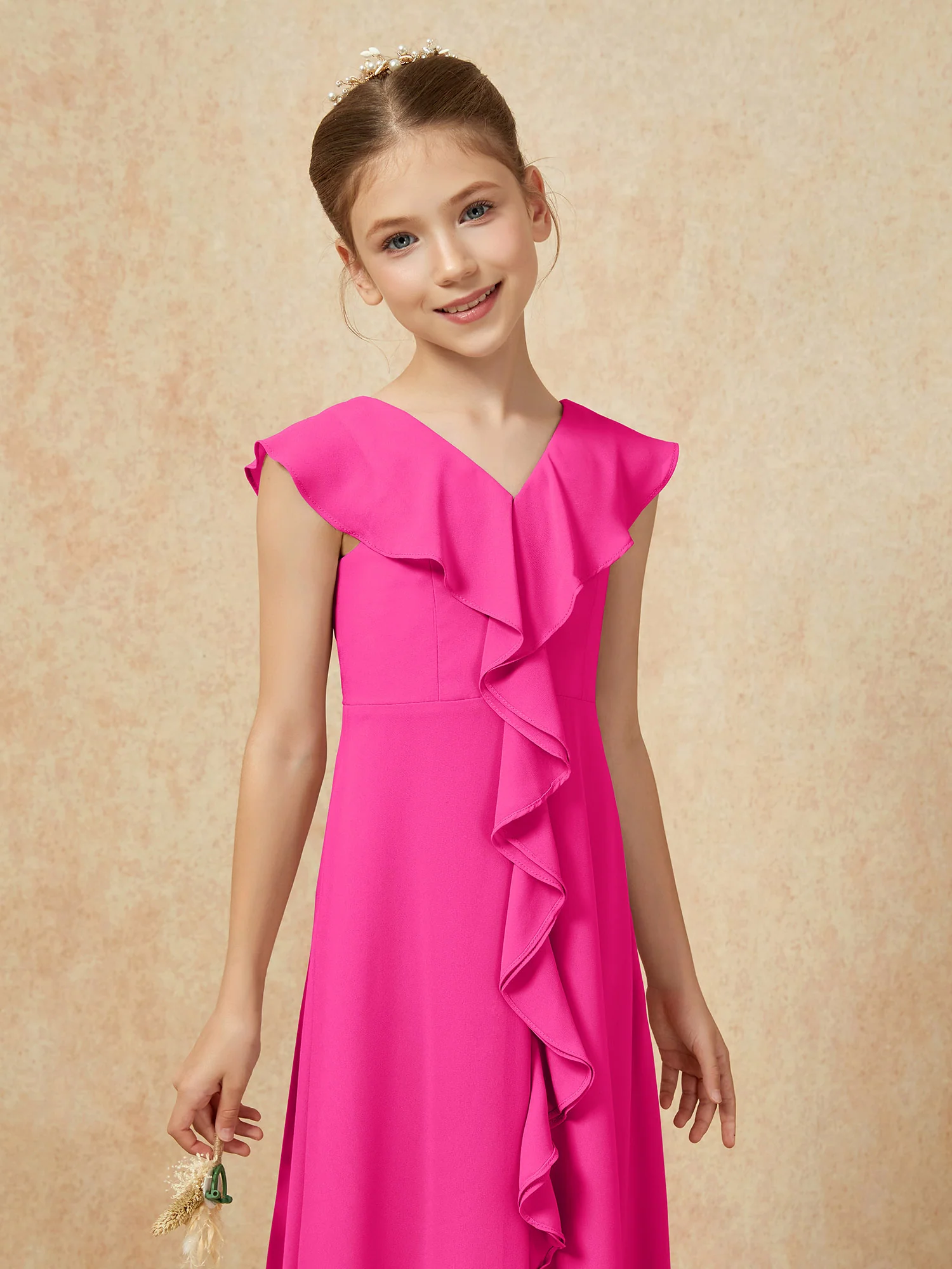 V-neck Ruffle Chiffon Junior Bridesmaid Dresses With Slit Fuchsia - Image 6