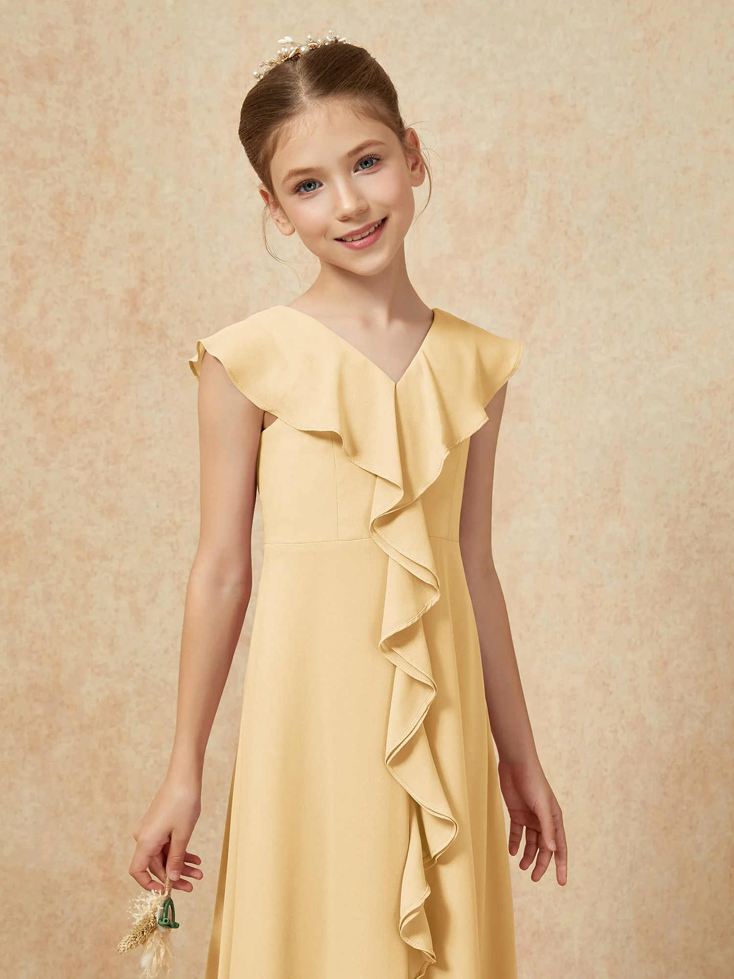 V-neck Ruffle Chiffon Junior Bridesmaid Dresses With Slit Gold - Image 6