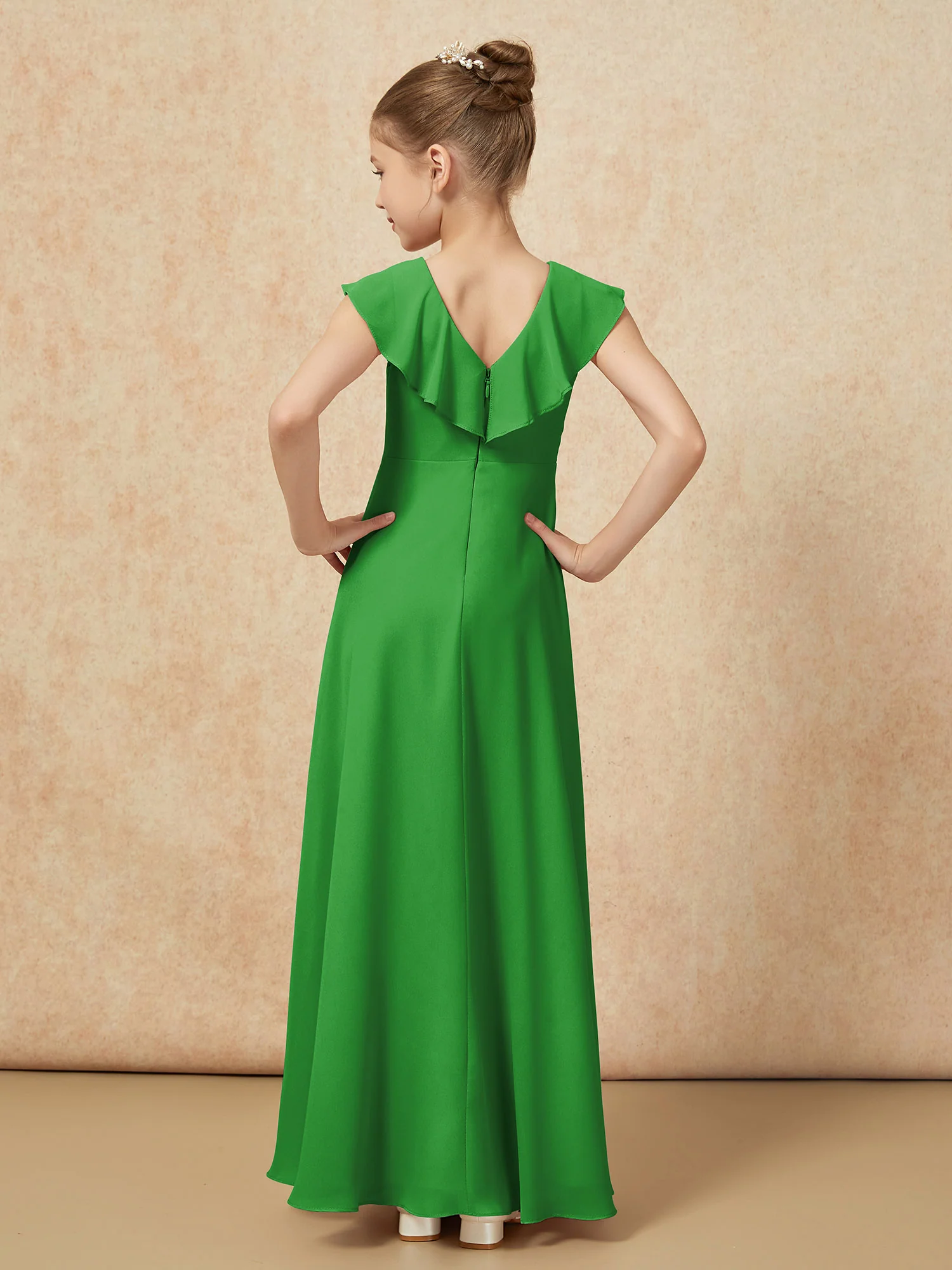 V-neck Ruffle Chiffon Junior Bridesmaid Dresses With Slit Green - Image 2