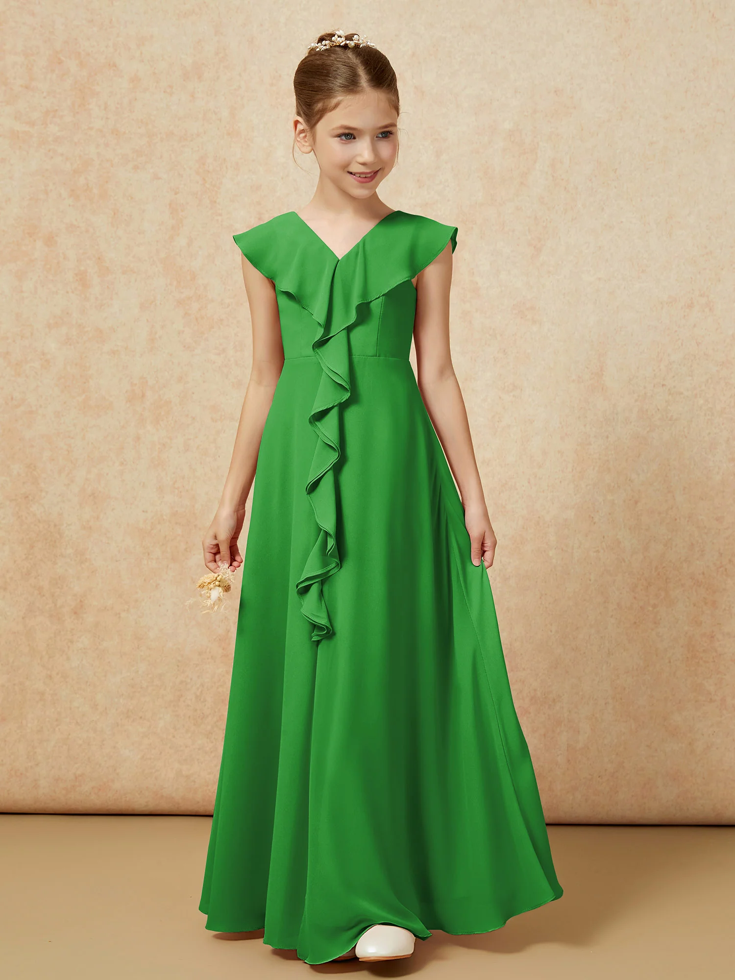 V-neck Ruffle Chiffon Junior Bridesmaid Dresses With Slit Green - Image 5