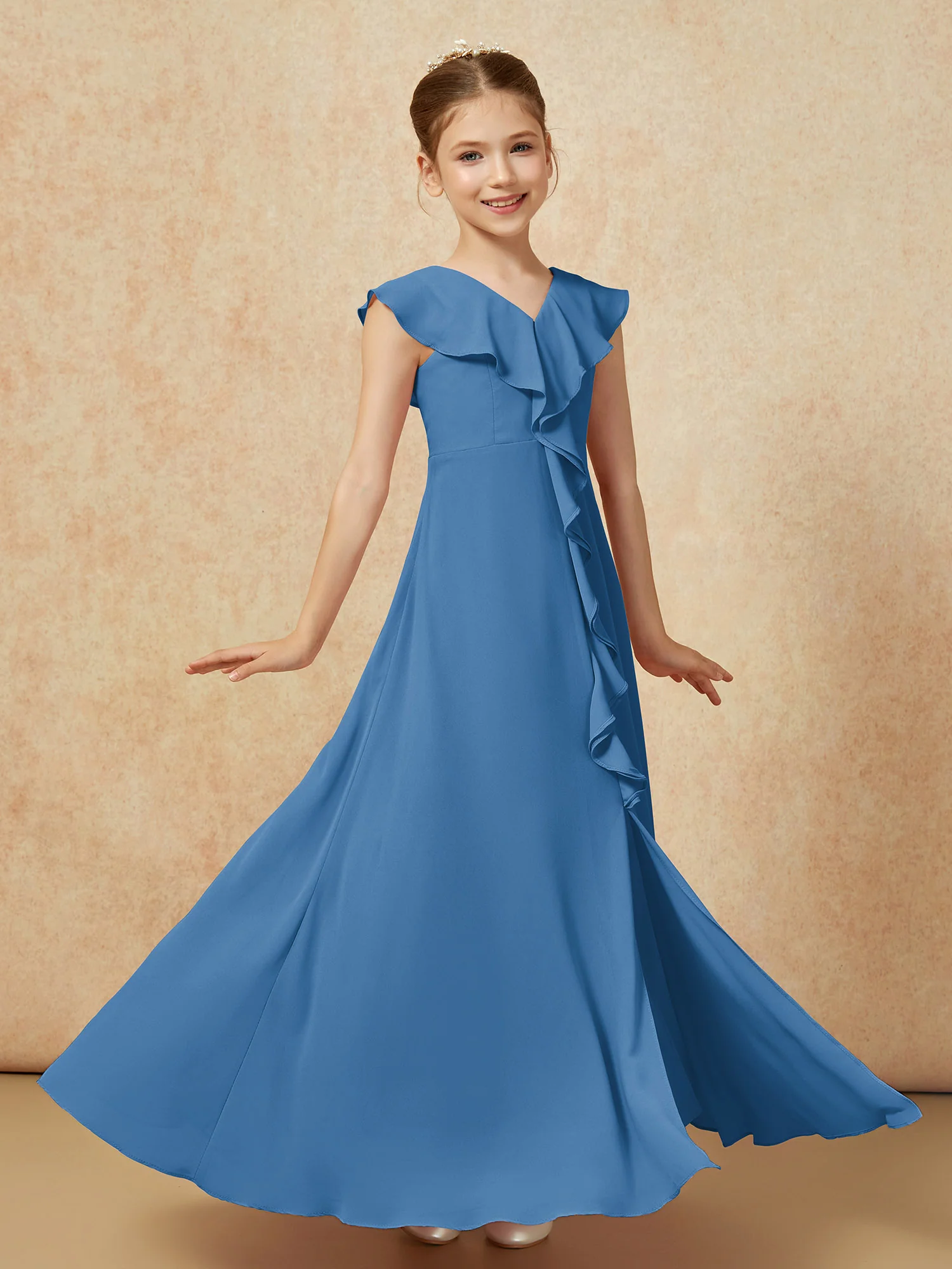 V-neck Ruffle Chiffon Junior Bridesmaid Dresses With Slit Ink Blue - Image 3