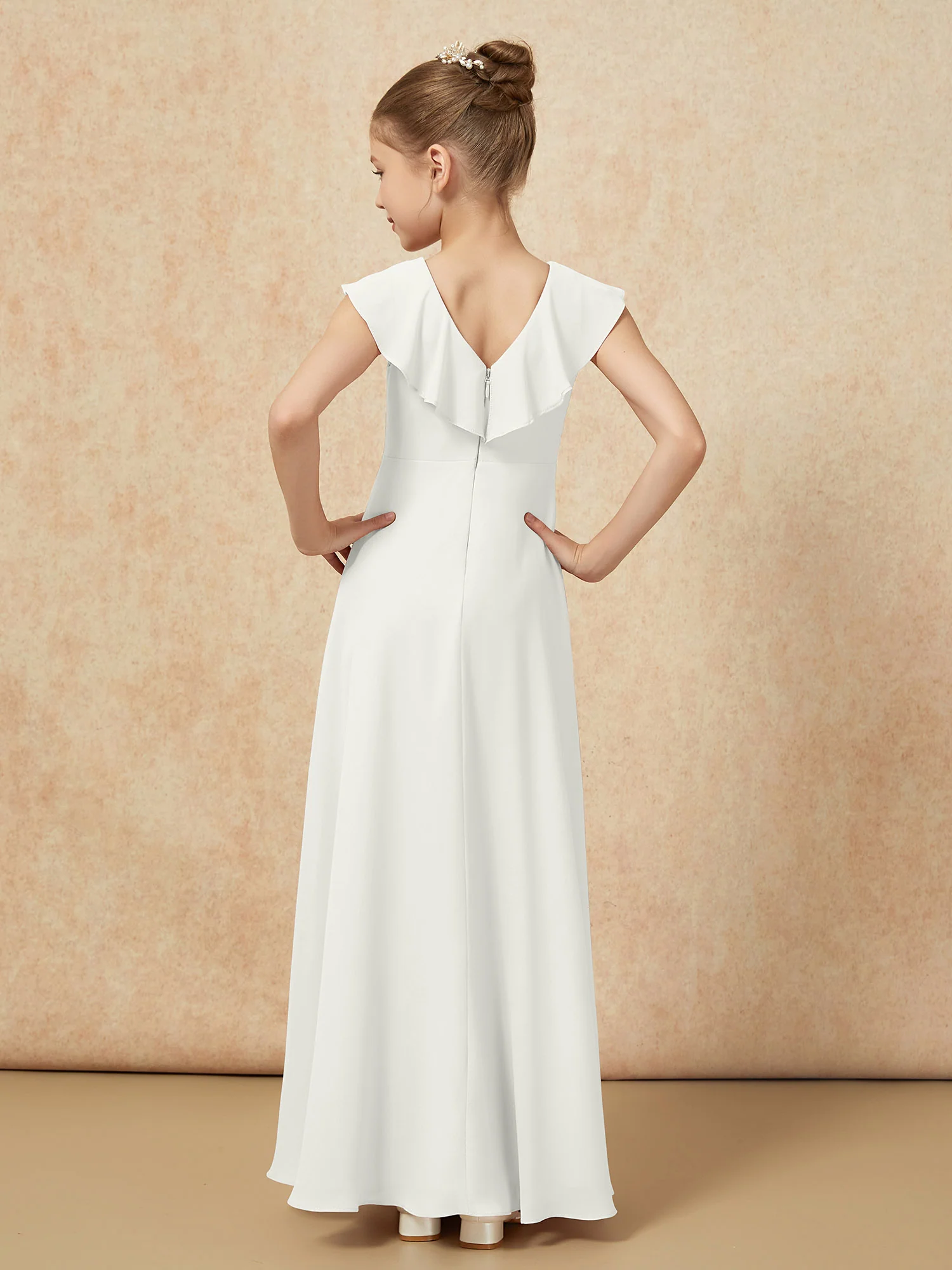 V-neck Ruffle Chiffon Junior Bridesmaid Dresses With Slit Ivory - Image 2