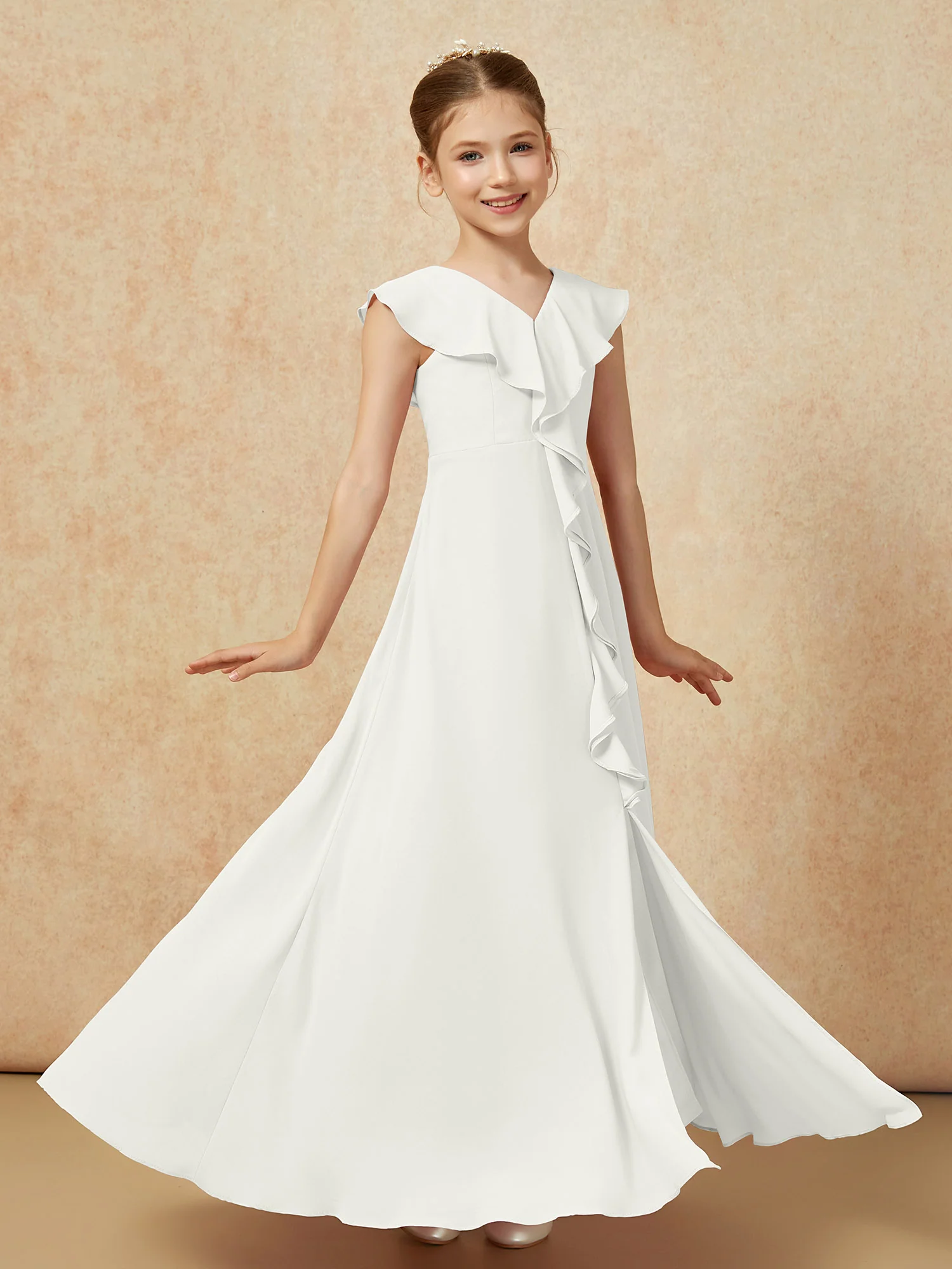 V-neck Ruffle Chiffon Junior Bridesmaid Dresses With Slit Ivory - Image 3
