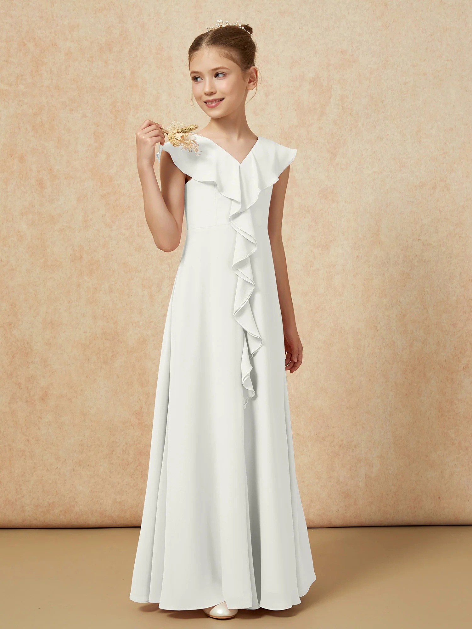 V-neck Ruffle Chiffon Junior Bridesmaid Dresses With Slit Ivory - Image 4