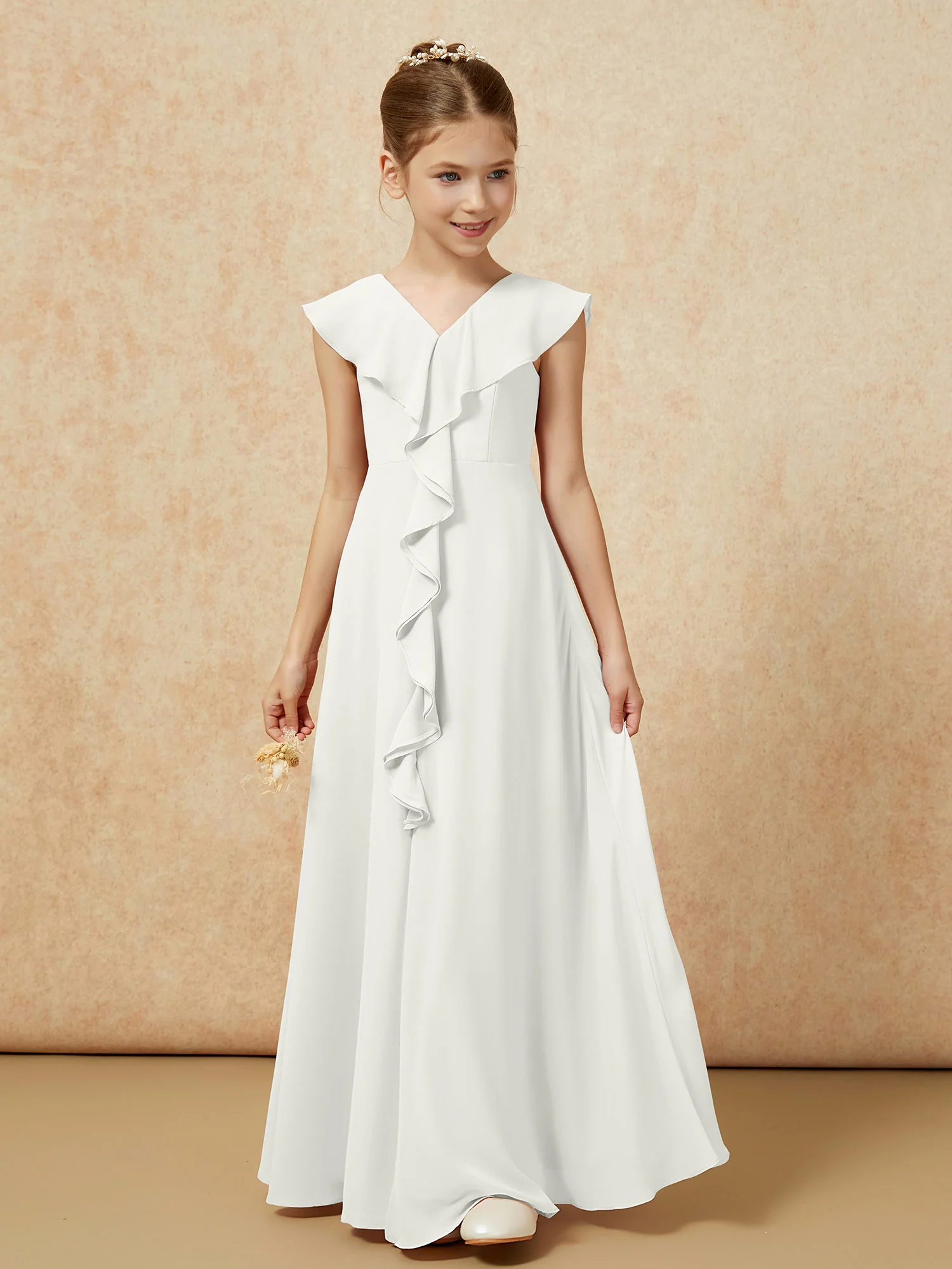 V-neck Ruffle Chiffon Junior Bridesmaid Dresses With Slit Ivory - Image 5
