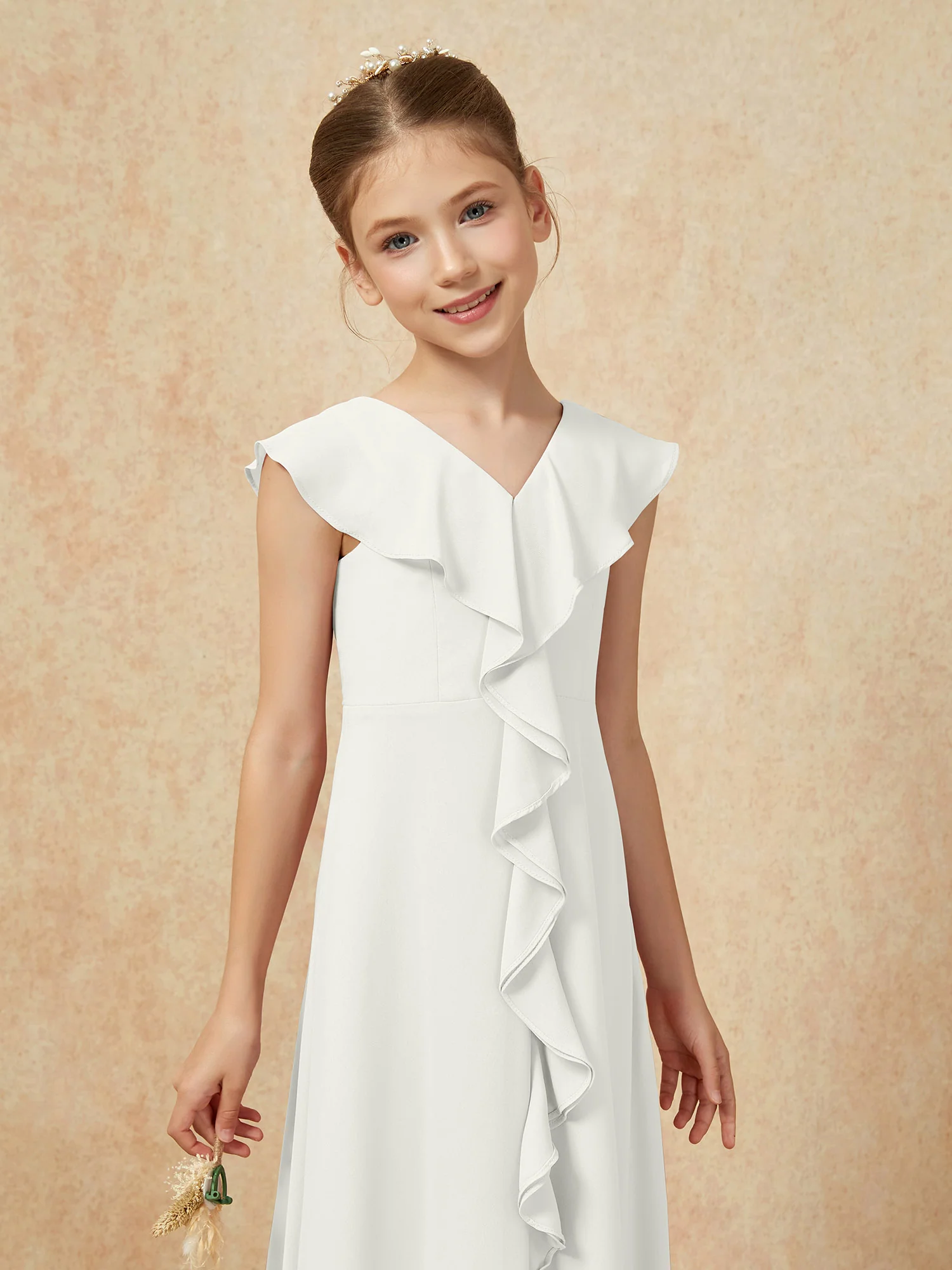 V-neck Ruffle Chiffon Junior Bridesmaid Dresses With Slit Ivory - Image 6