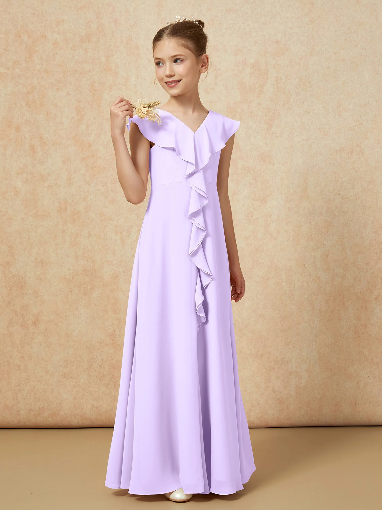 V-neck Ruffle Chiffon Junior Bridesmaid Dresses With Slit Lilac - Image 4