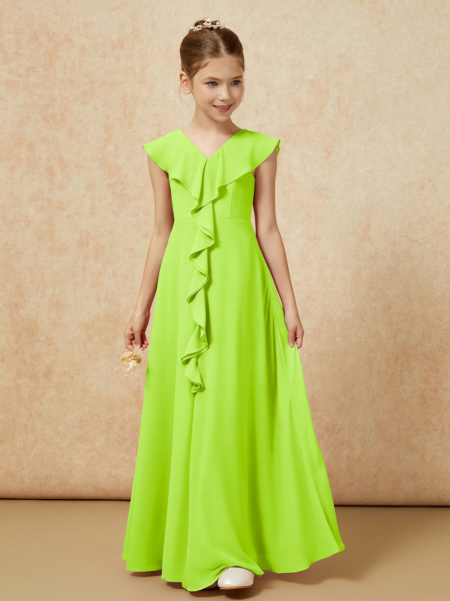 V-neck Ruffle Chiffon Junior Bridesmaid Dresses With Slit Lime Green - Image 5