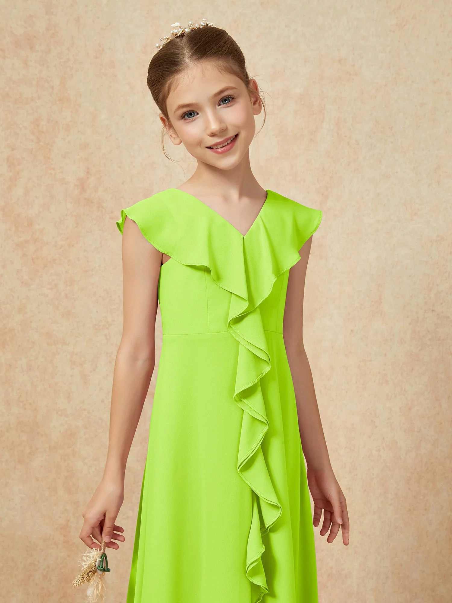 V-neck Ruffle Chiffon Junior Bridesmaid Dresses With Slit Lime Green - Image 6