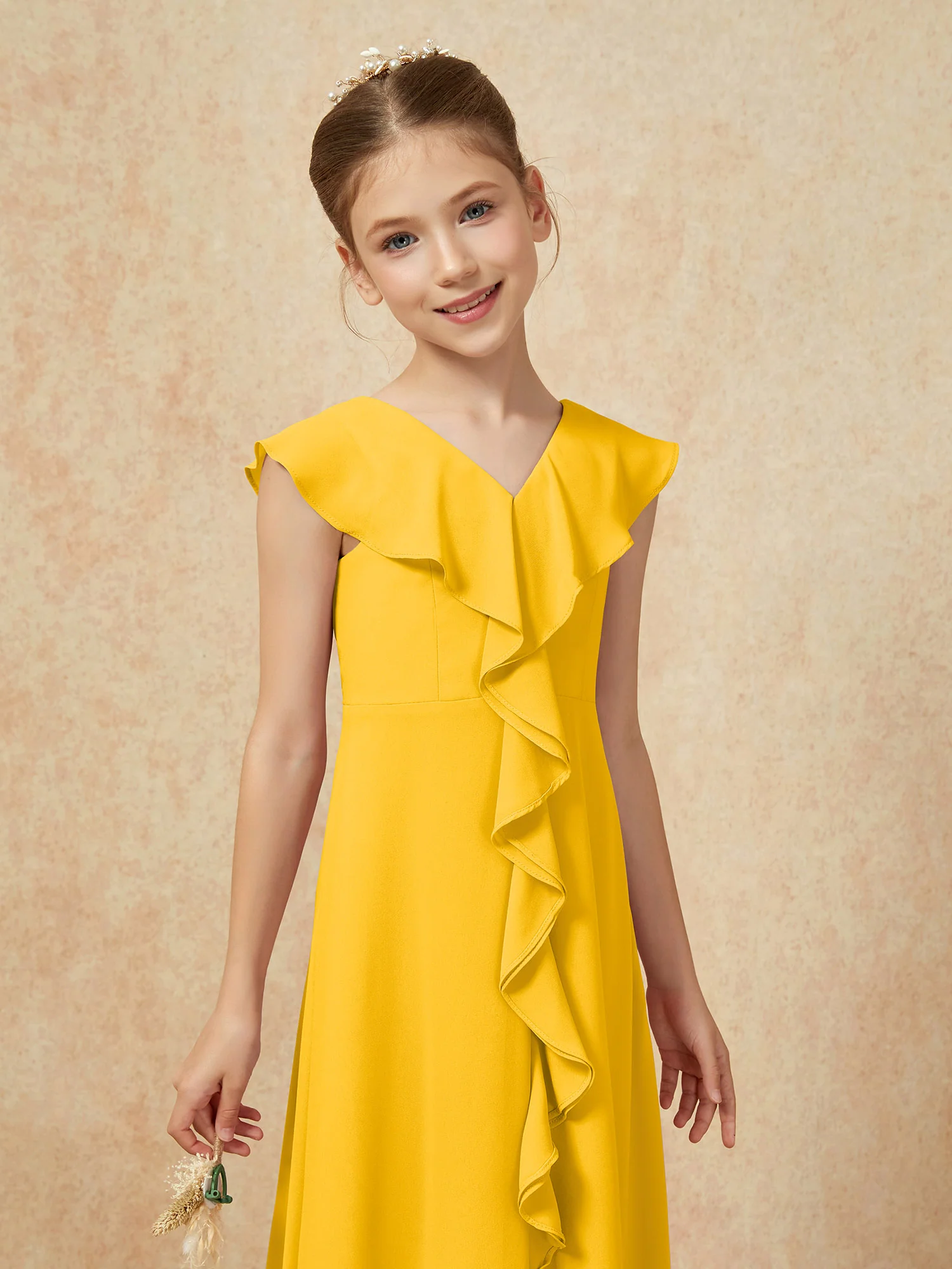V-neck Ruffle Chiffon Junior Bridesmaid Dresses With Slit Marigold - Image 6
