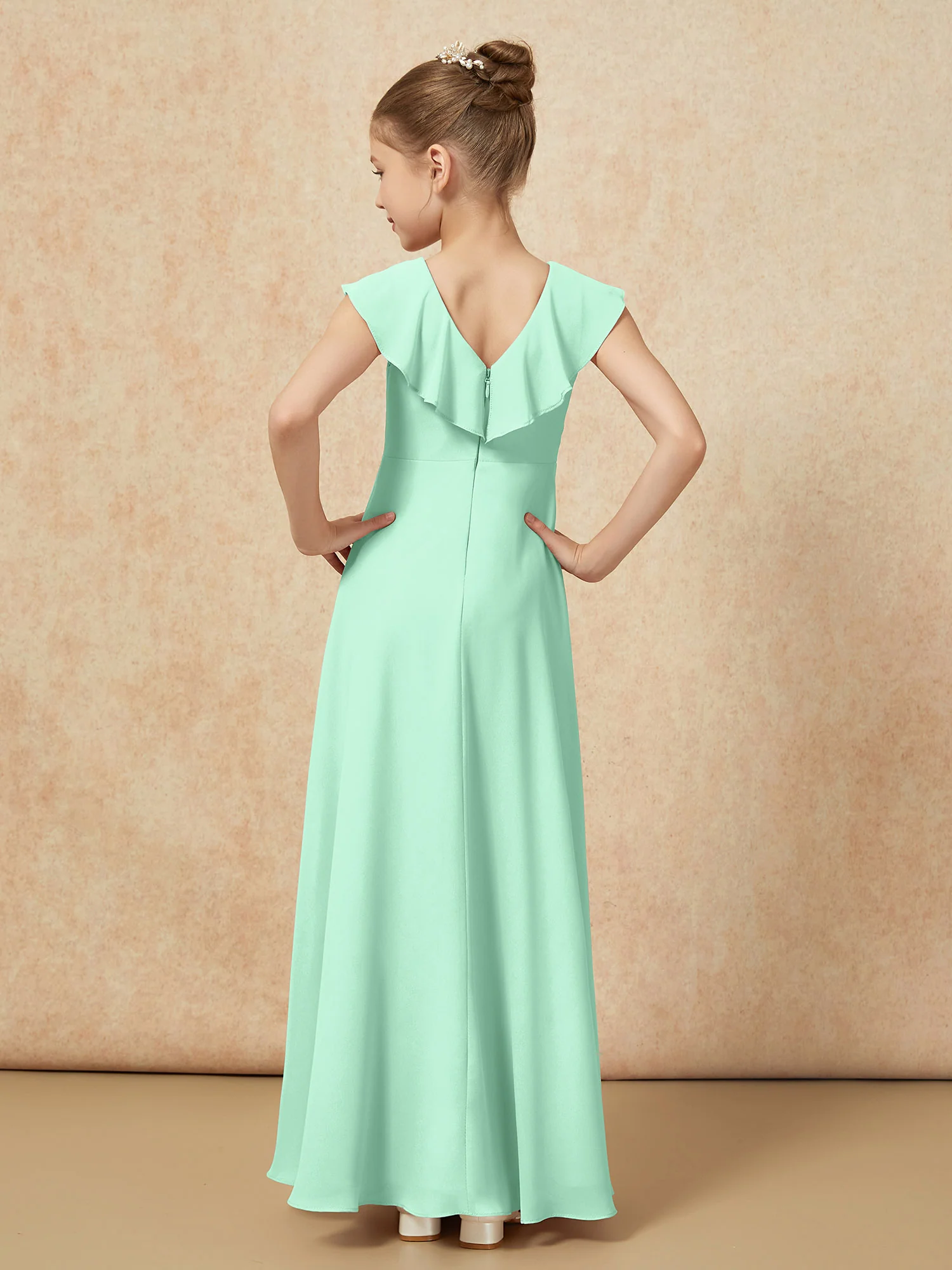 V-neck Ruffle Chiffon Junior Bridesmaid Dresses With Slit Mint Green - Image 2