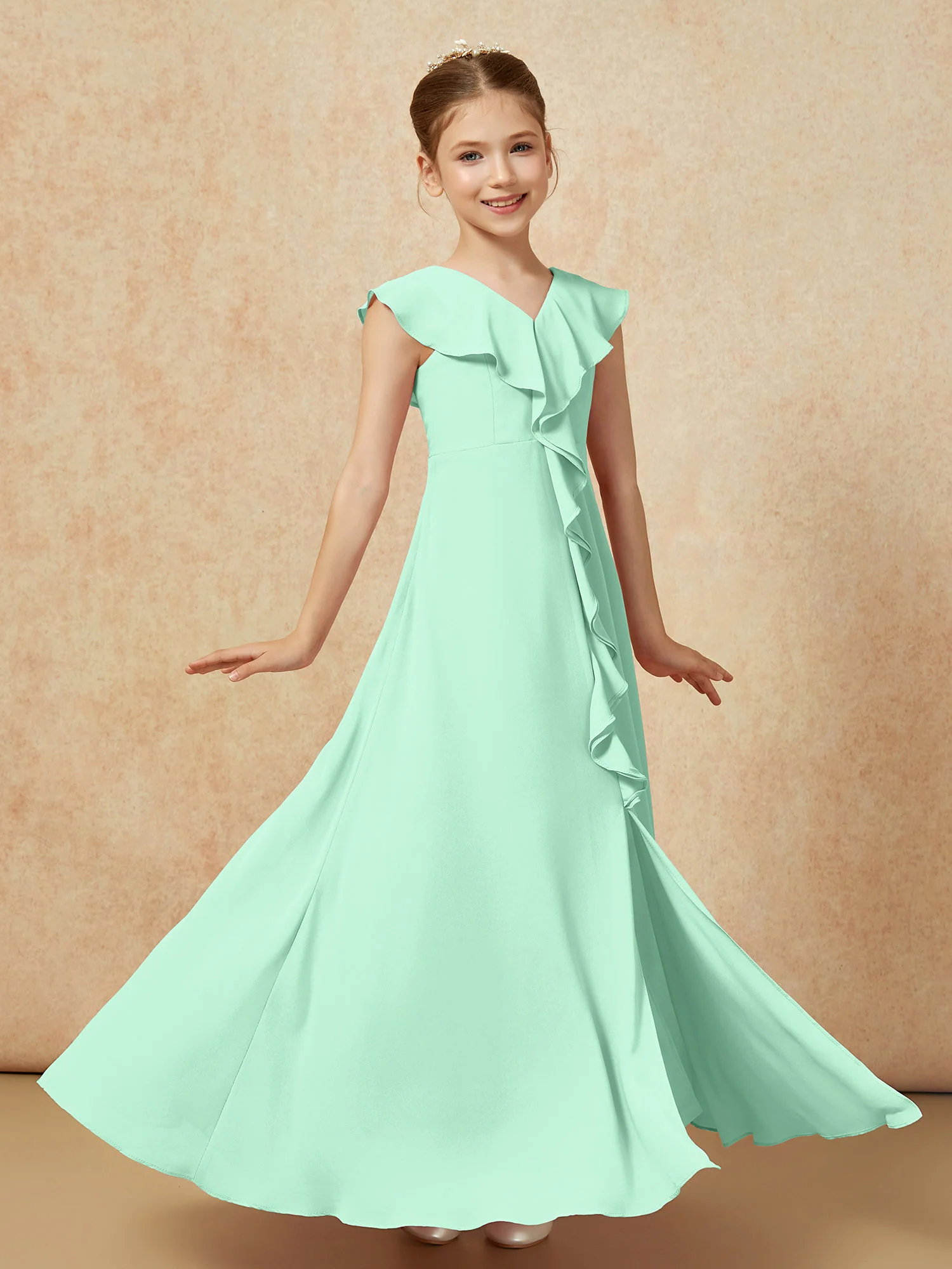 V-neck Ruffle Chiffon Junior Bridesmaid Dresses With Slit Mint Green - Image 3