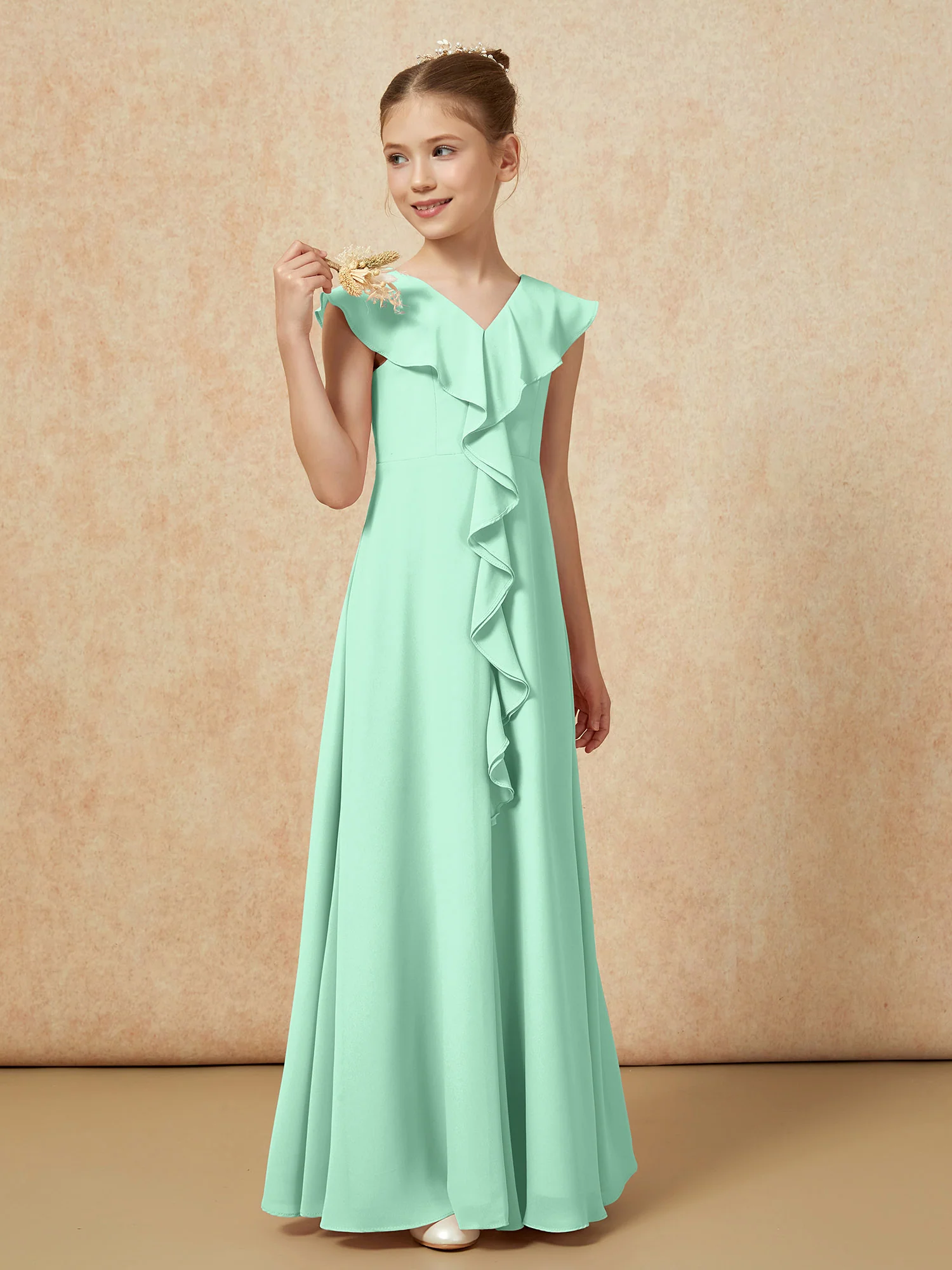 V-neck Ruffle Chiffon Junior Bridesmaid Dresses With Slit Mint Green - Image 4