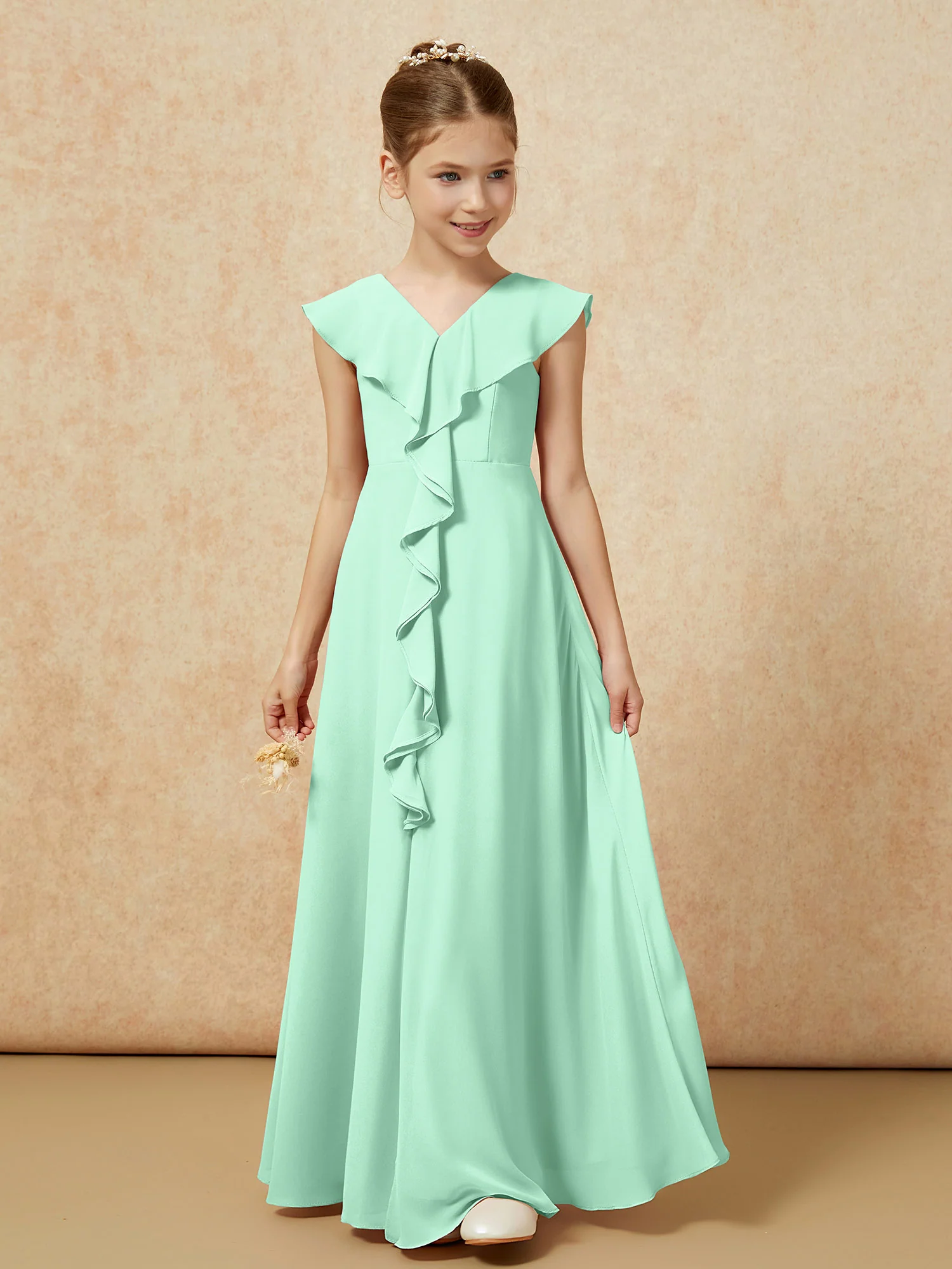V-neck Ruffle Chiffon Junior Bridesmaid Dresses With Slit Mint Green - Image 5