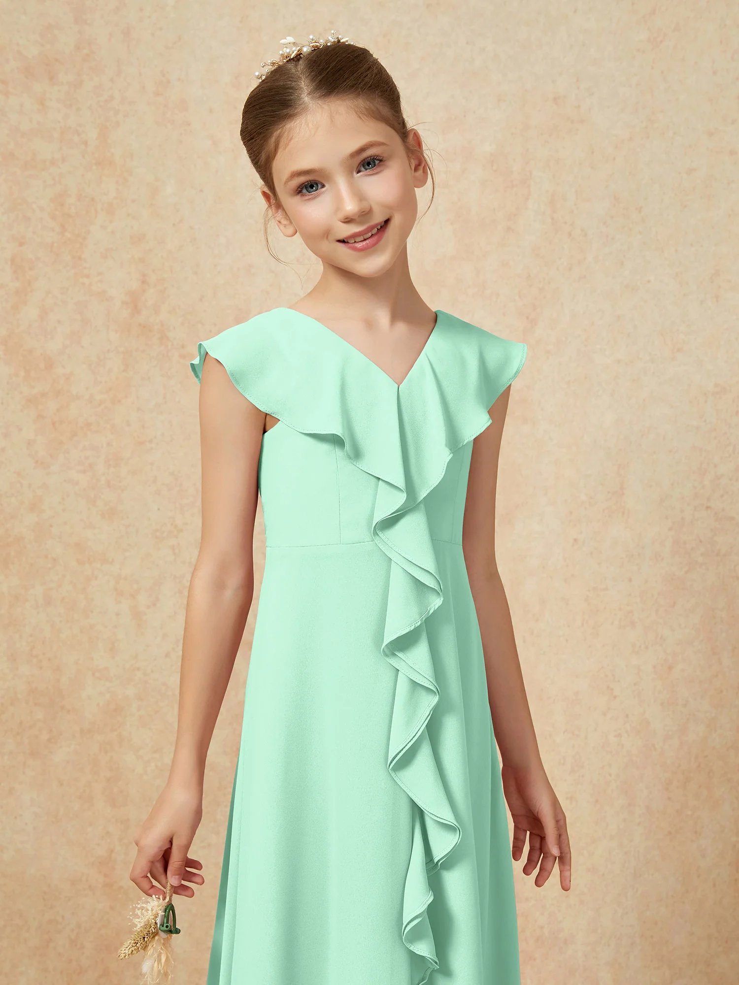 V-neck Ruffle Chiffon Junior Bridesmaid Dresses With Slit Mint Green - Image 6