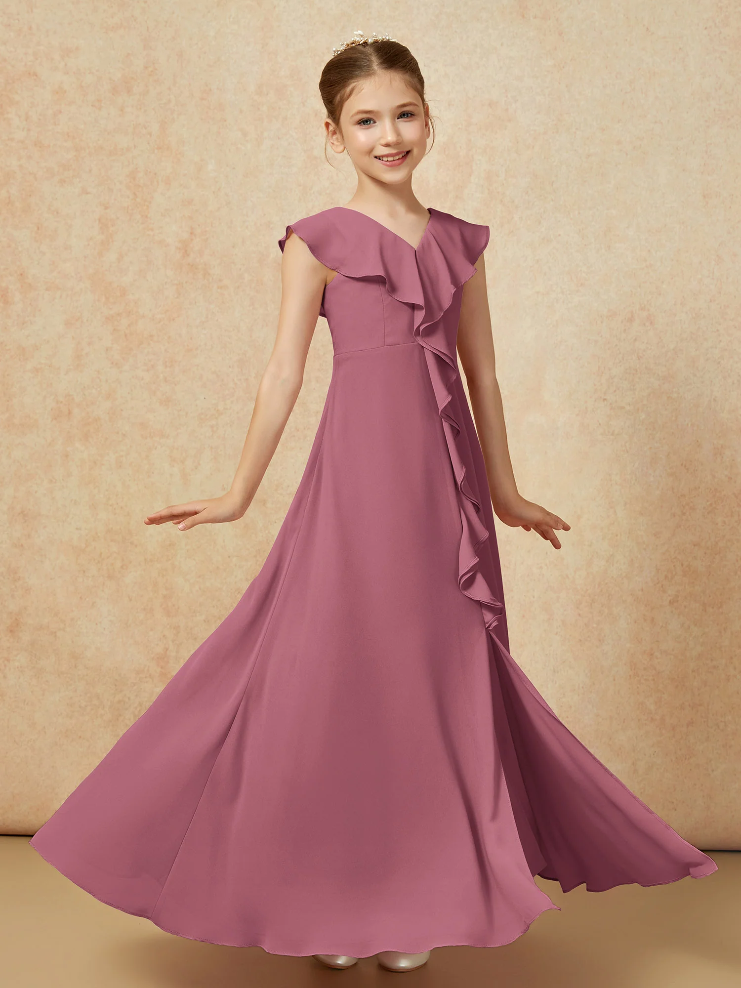 V-neck Ruffle Chiffon Junior Bridesmaid Dresses With Slit Mulberry - Image 3