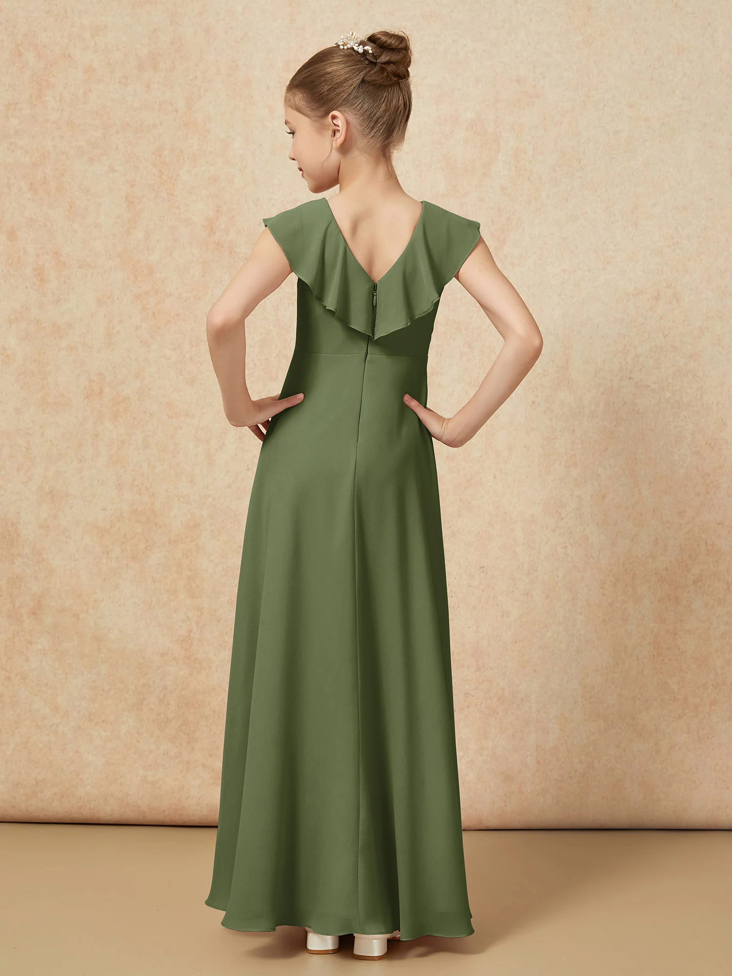 V-neck Ruffle Chiffon Junior Bridesmaid Dresses With Slit Olive Green - Image 2
