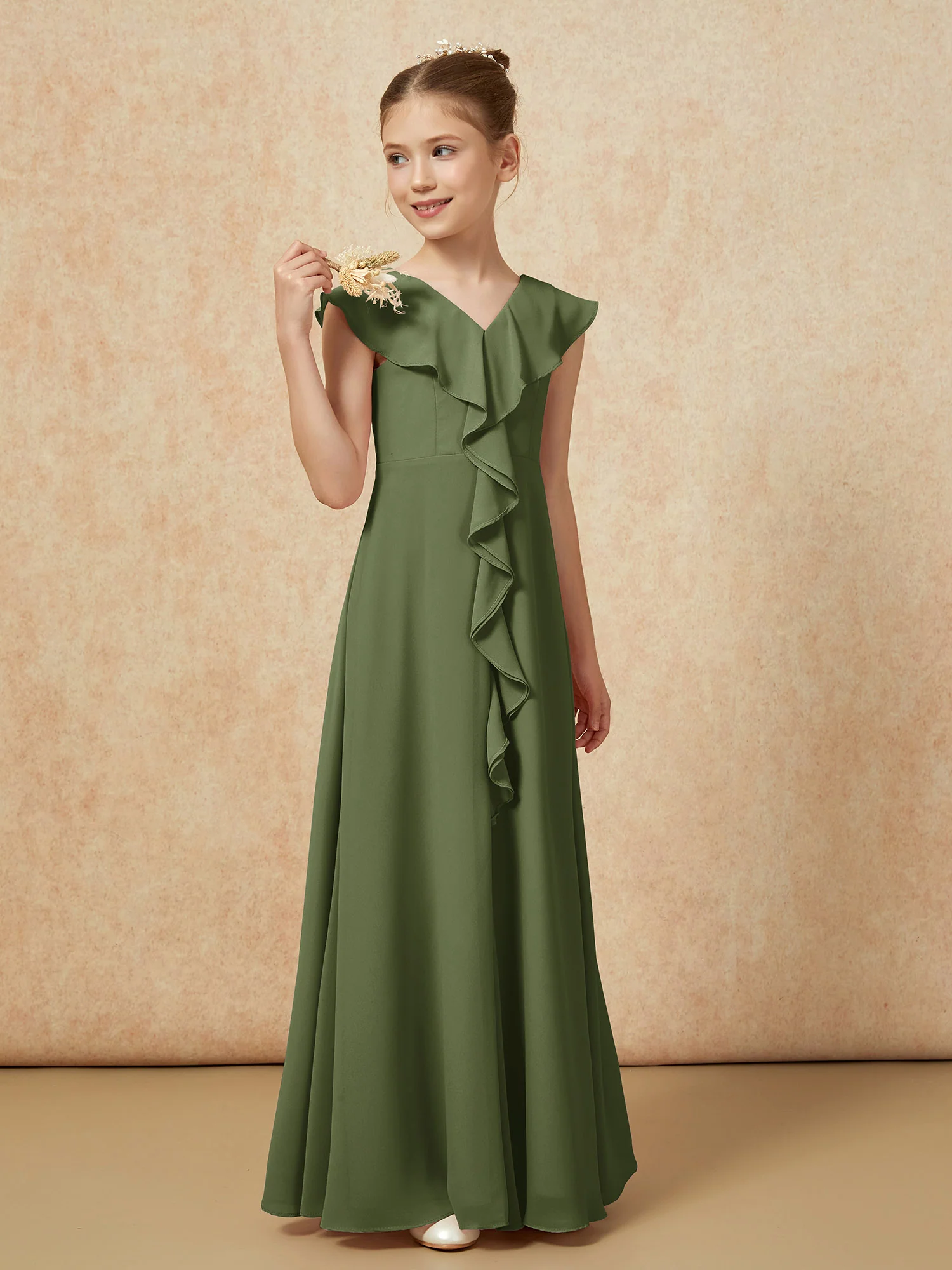 V-neck Ruffle Chiffon Junior Bridesmaid Dresses With Slit Olive Green - Image 4