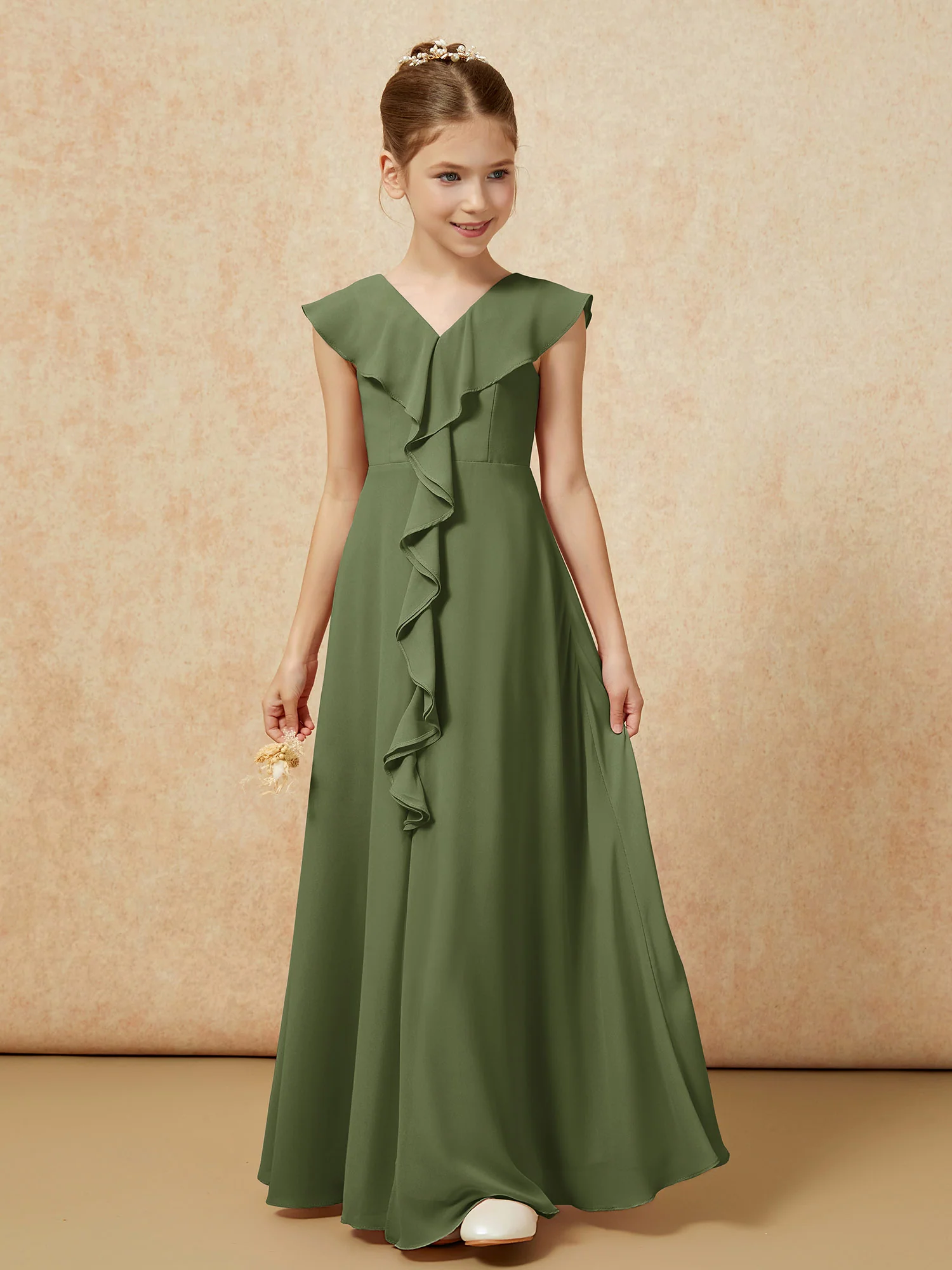 V-neck Ruffle Chiffon Junior Bridesmaid Dresses With Slit Olive Green - Image 5