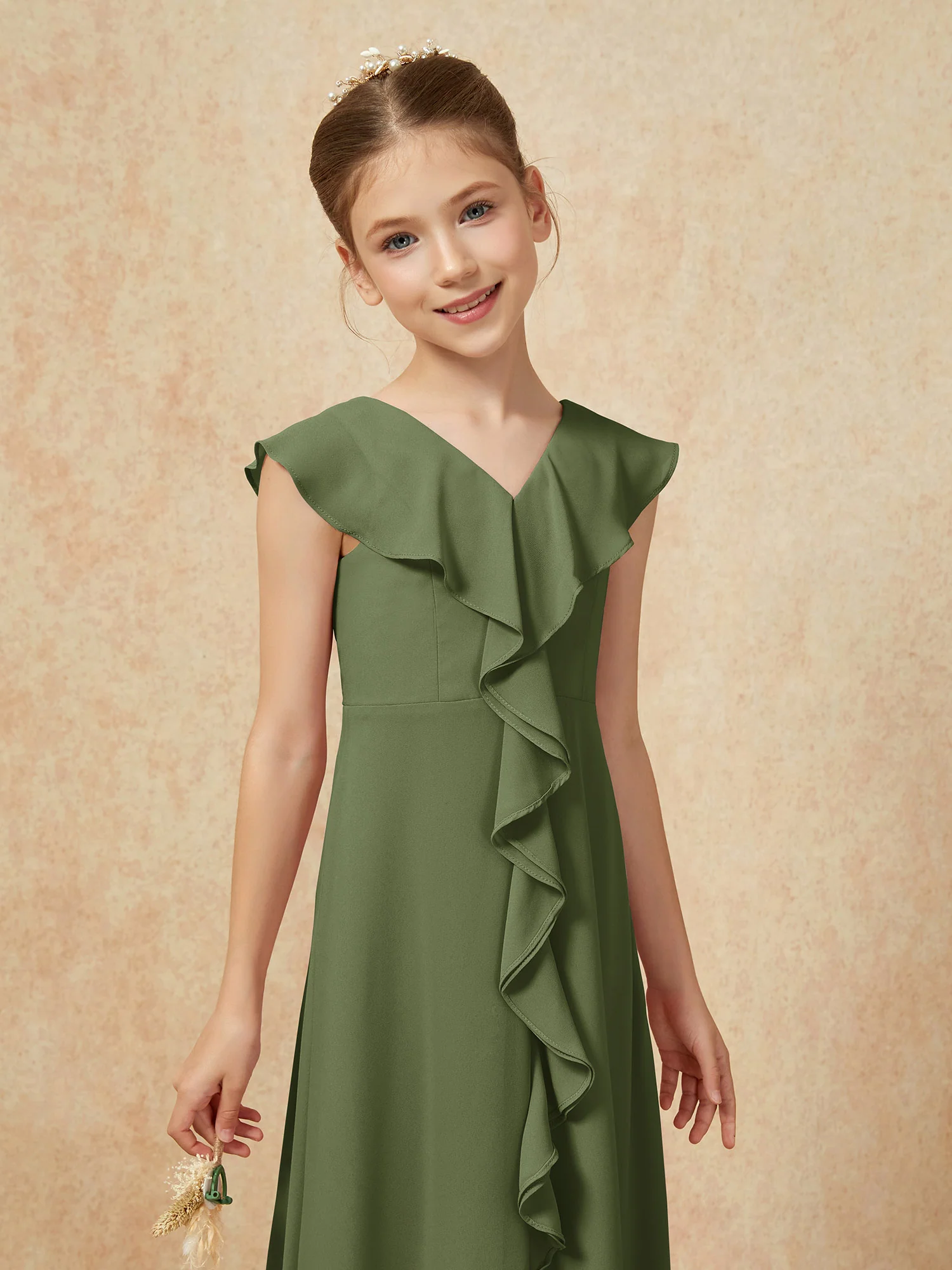 V-neck Ruffle Chiffon Junior Bridesmaid Dresses With Slit Olive Green - Image 6