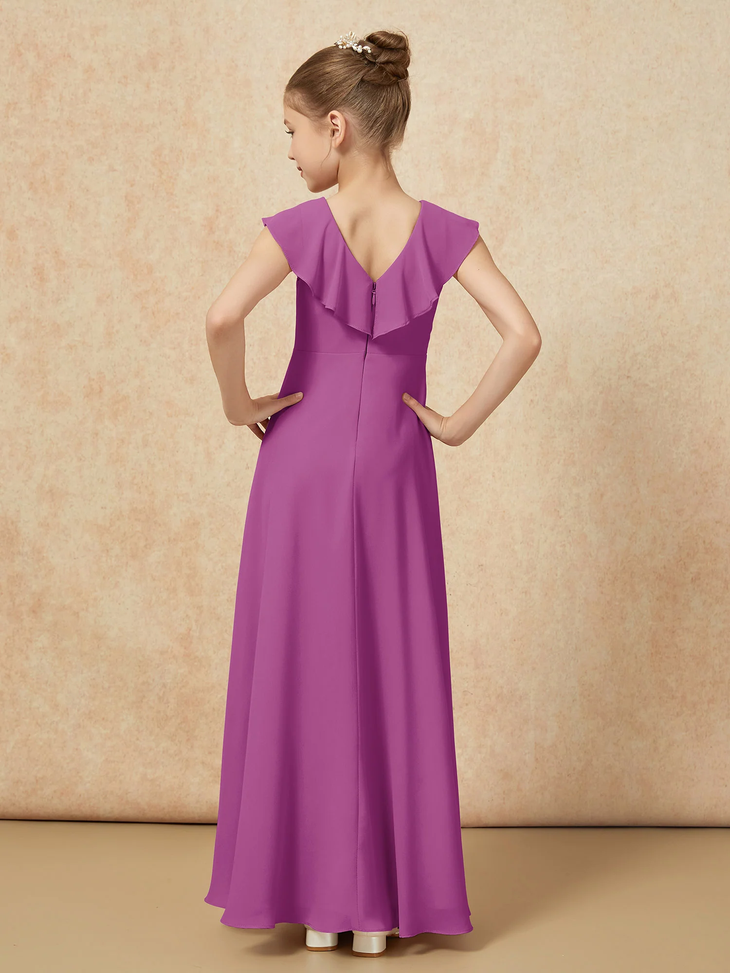 V-neck Ruffle Chiffon Junior Bridesmaid Dresses With Slit Orchid - Image 2