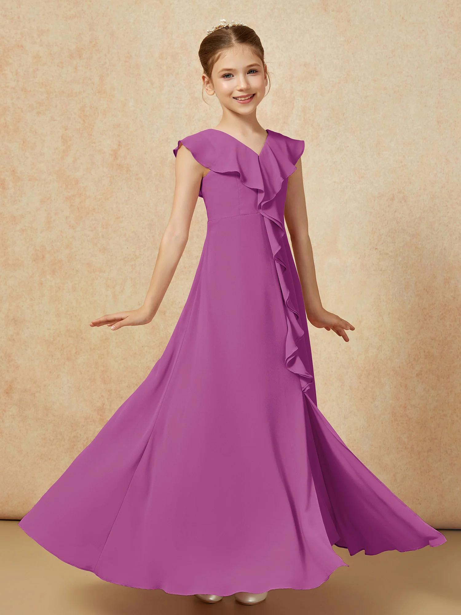 V-neck Ruffle Chiffon Junior Bridesmaid Dresses With Slit Orchid - Image 3