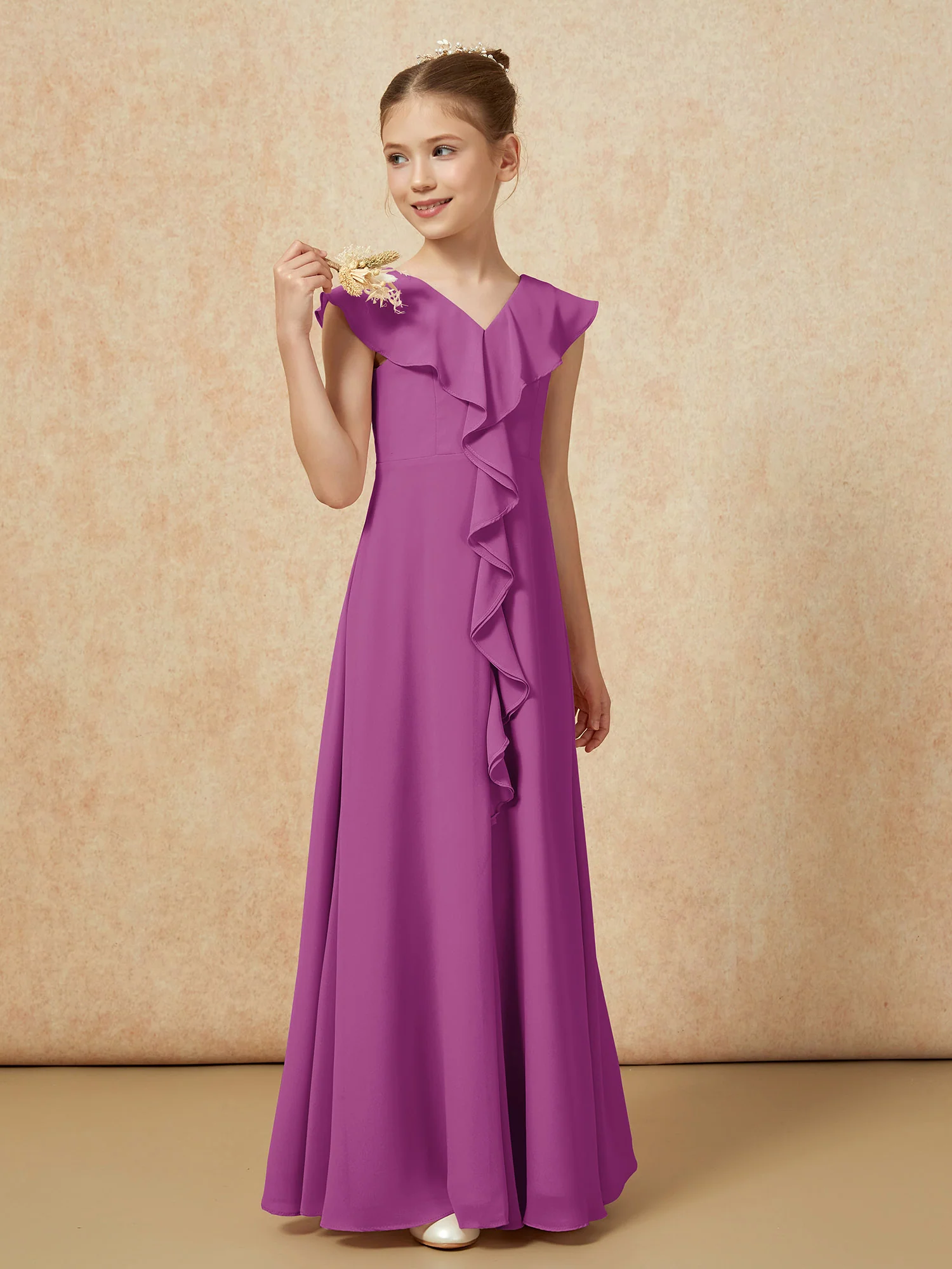 V-neck Ruffle Chiffon Junior Bridesmaid Dresses With Slit Orchid - Image 4