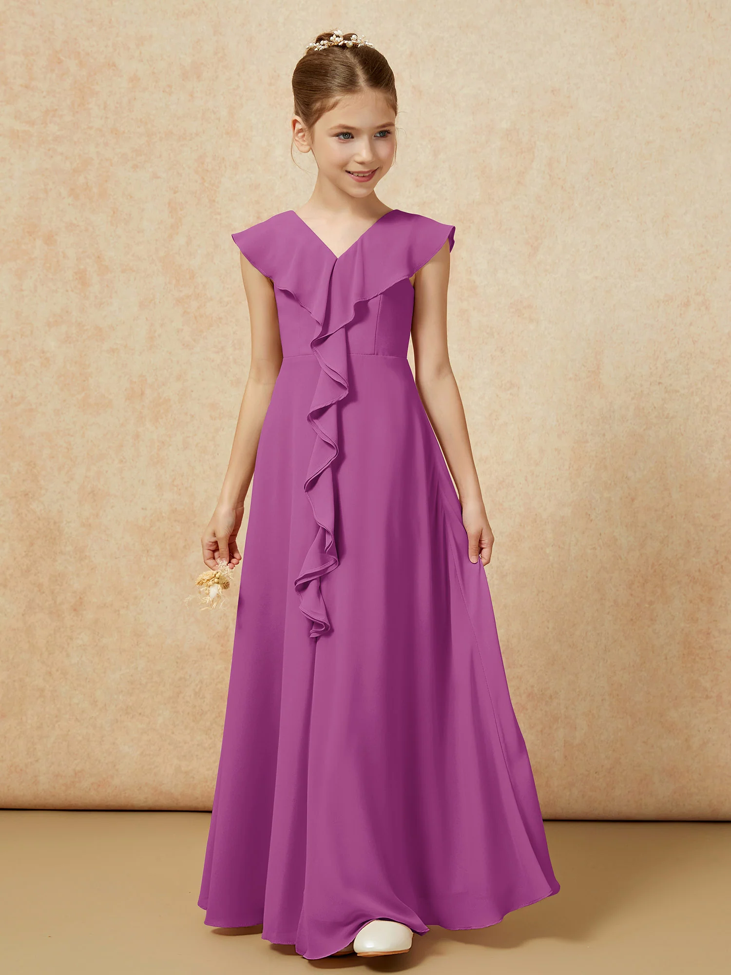 V-neck Ruffle Chiffon Junior Bridesmaid Dresses With Slit Orchid - Image 5