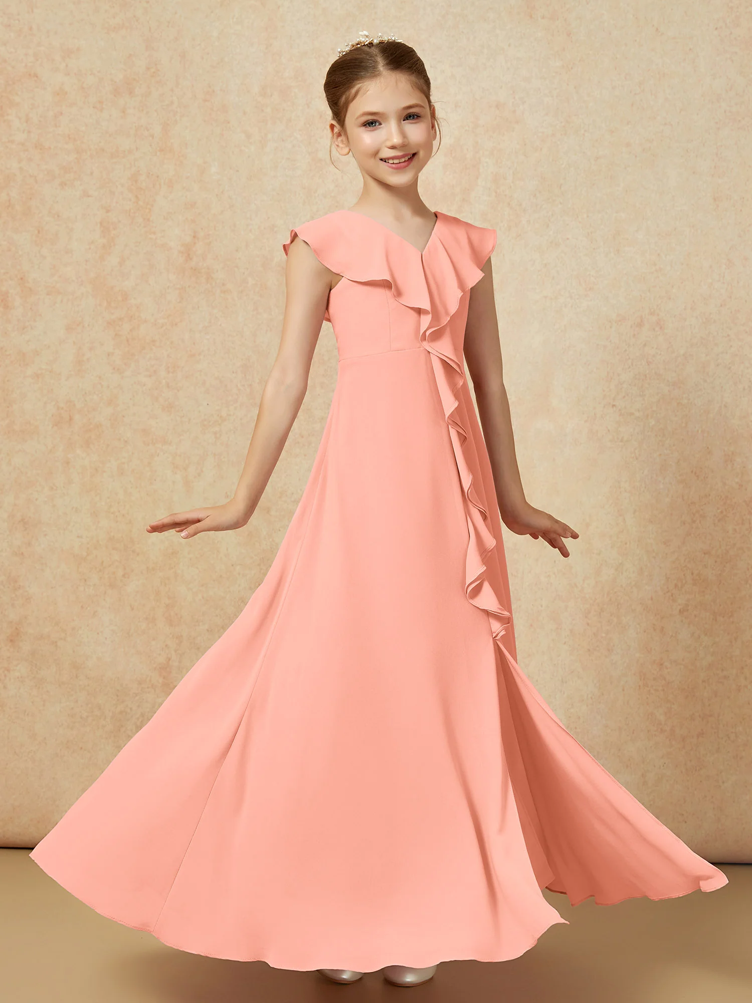 V-neck Ruffle Chiffon Junior Bridesmaid Dresses With Slit Papaya - Image 3