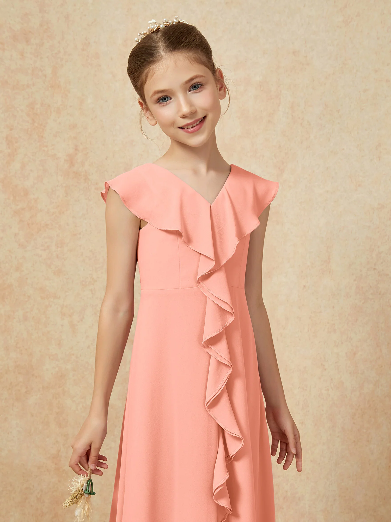 V-neck Ruffle Chiffon Junior Bridesmaid Dresses With Slit Papaya - Image 6